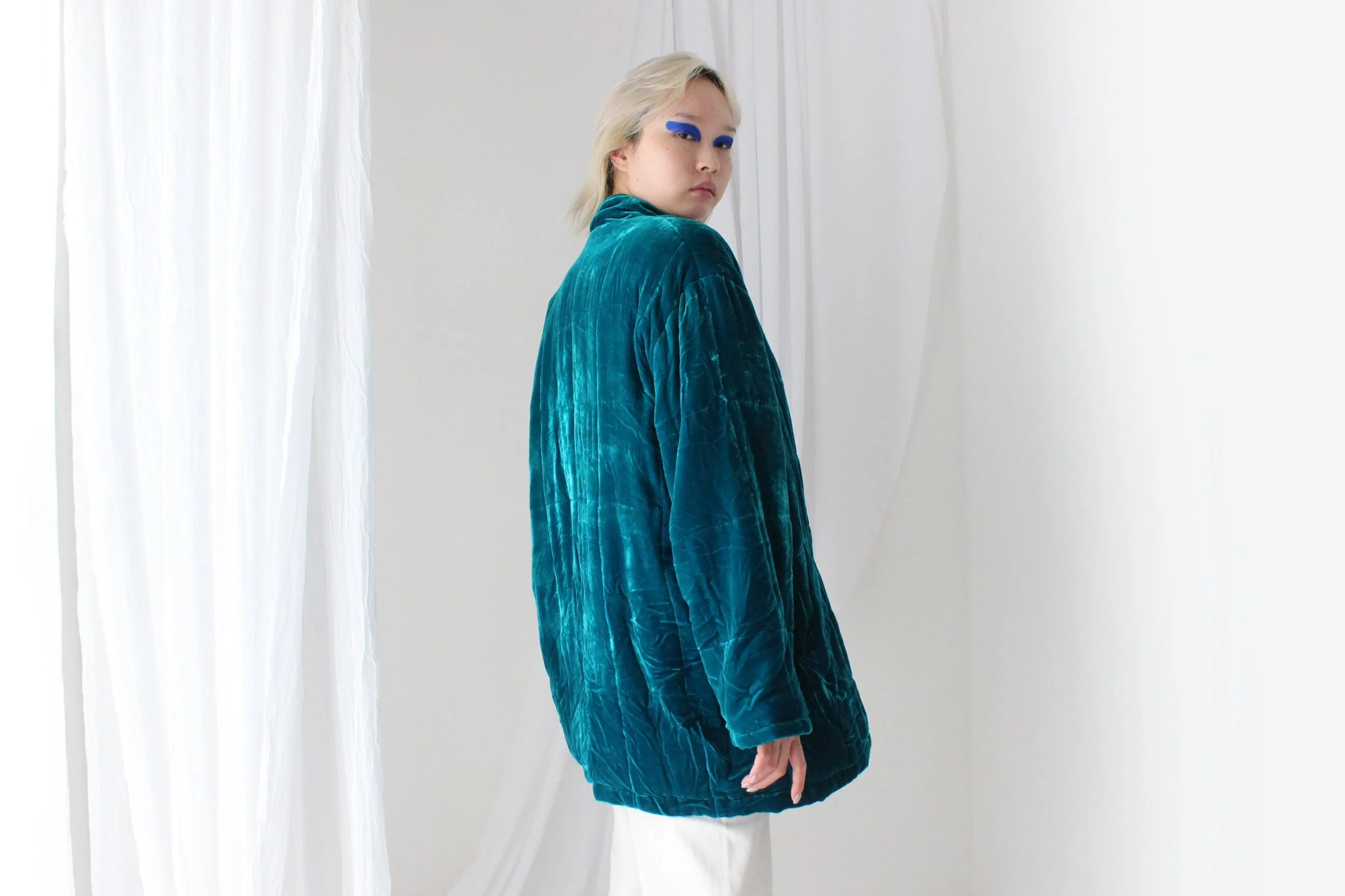 80s PURE SILK VELVET Quilted Puffer Coat in Teal