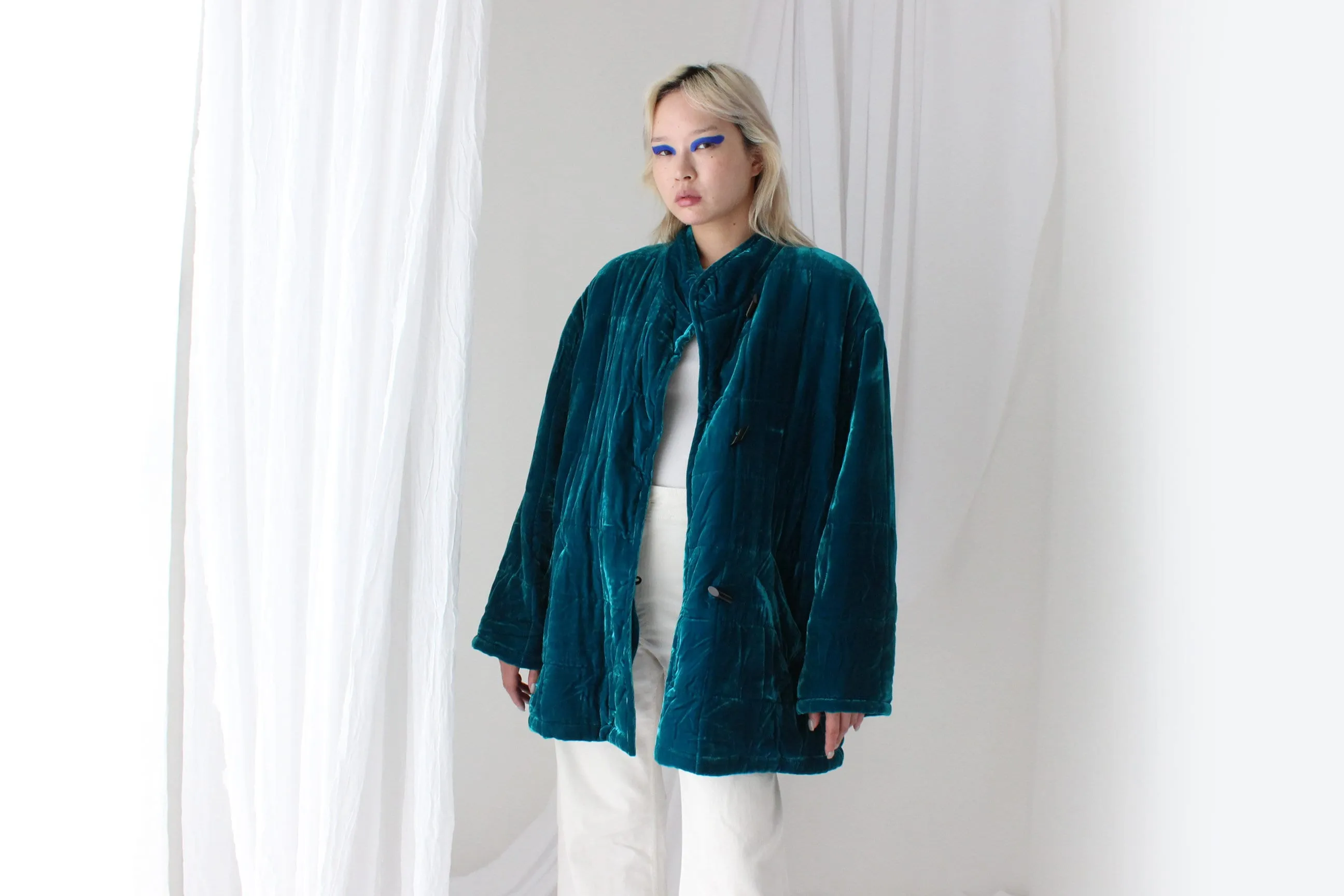 80s PURE SILK VELVET Quilted Puffer Coat in Teal