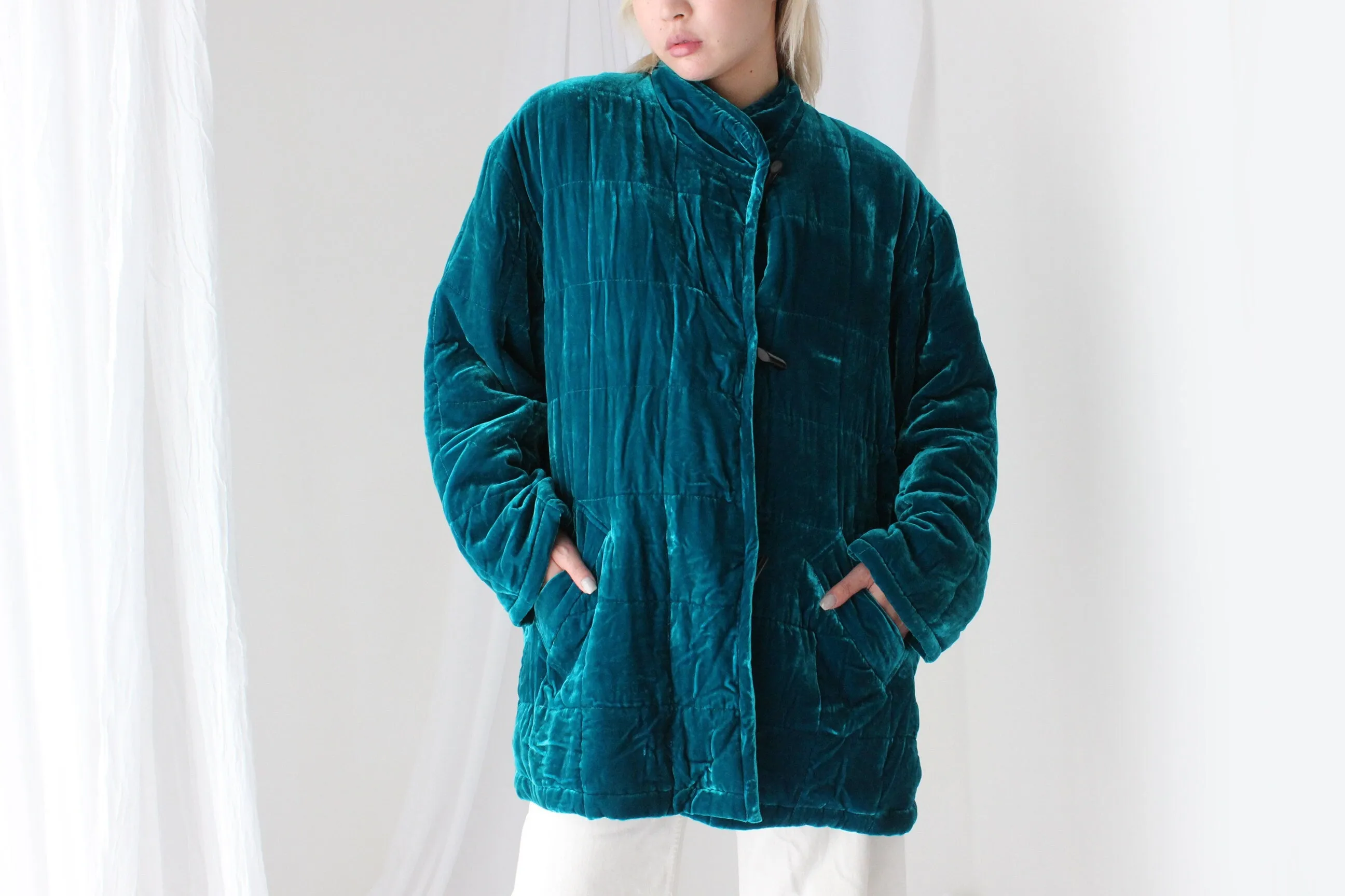 80s PURE SILK VELVET Quilted Puffer Coat in Teal