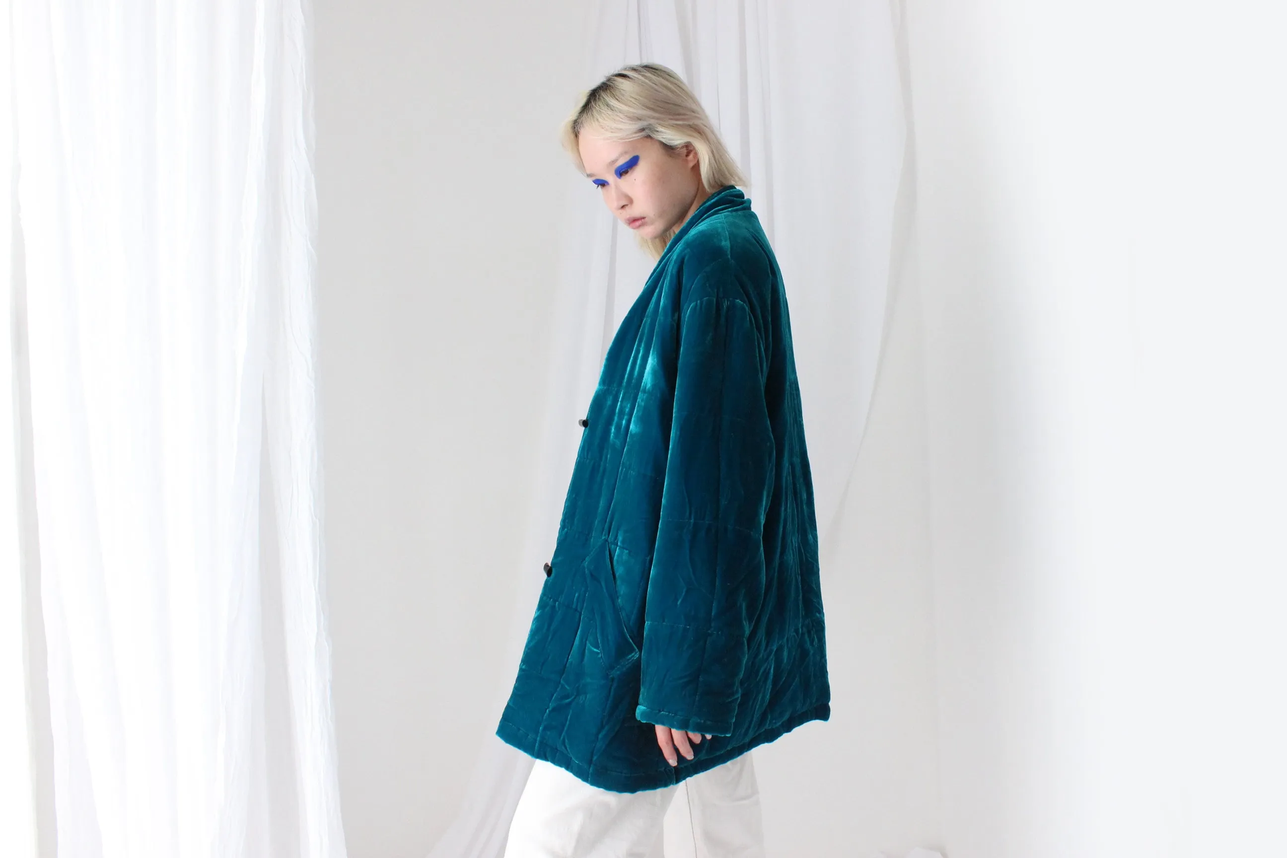 80s PURE SILK VELVET Quilted Puffer Coat in Teal