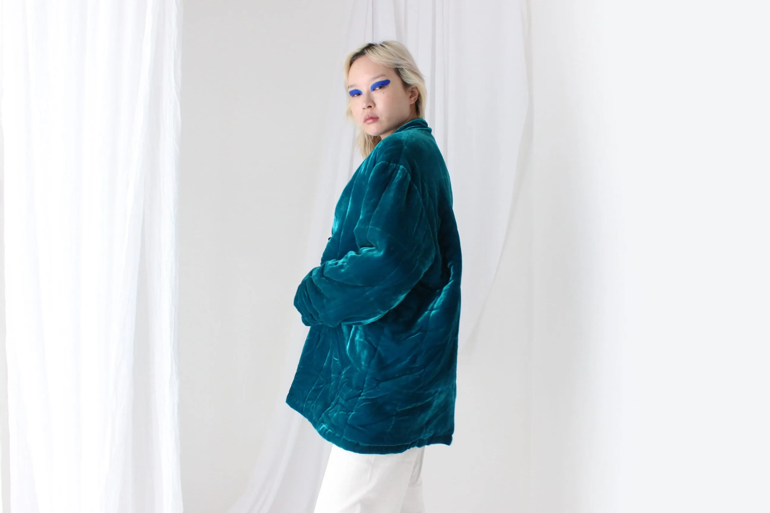 80s PURE SILK VELVET Quilted Puffer Coat in Teal