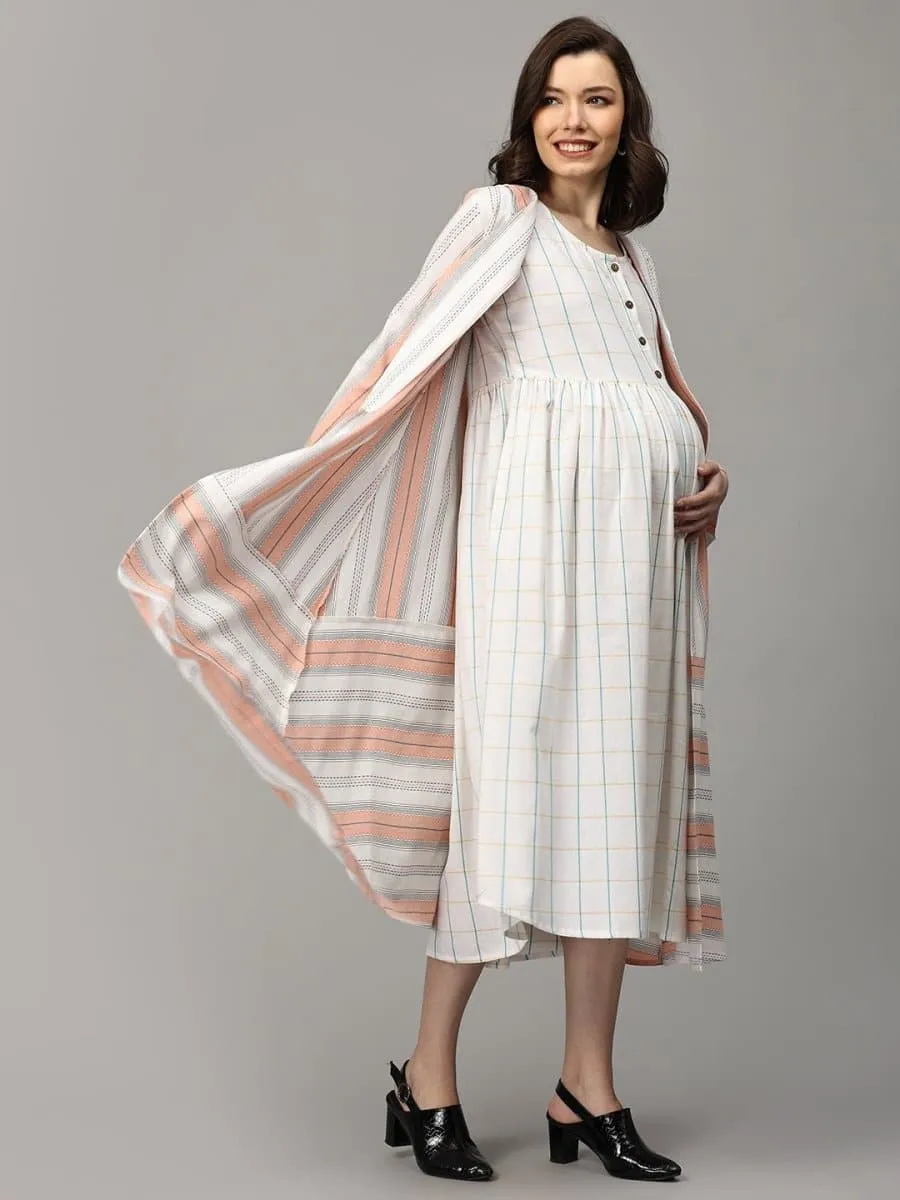 Apricot Aura Stripe Maternity and Nursing Shacket Dress