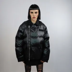 Asymmetric bomber jacket collared puffer quilted high fashion Gothic coat unusual grunge padded aviator jacket in solid shiny black