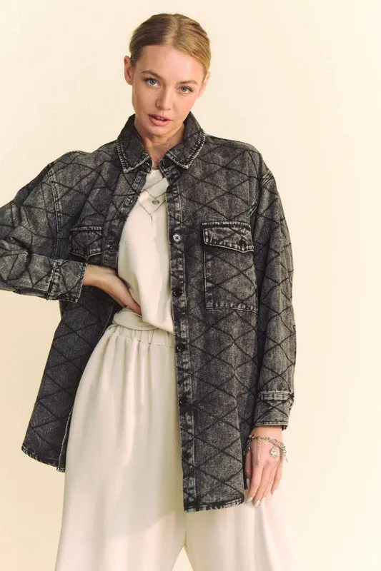 Bambi Curved Hem Diamond Quilted Button Up Denim Shacket