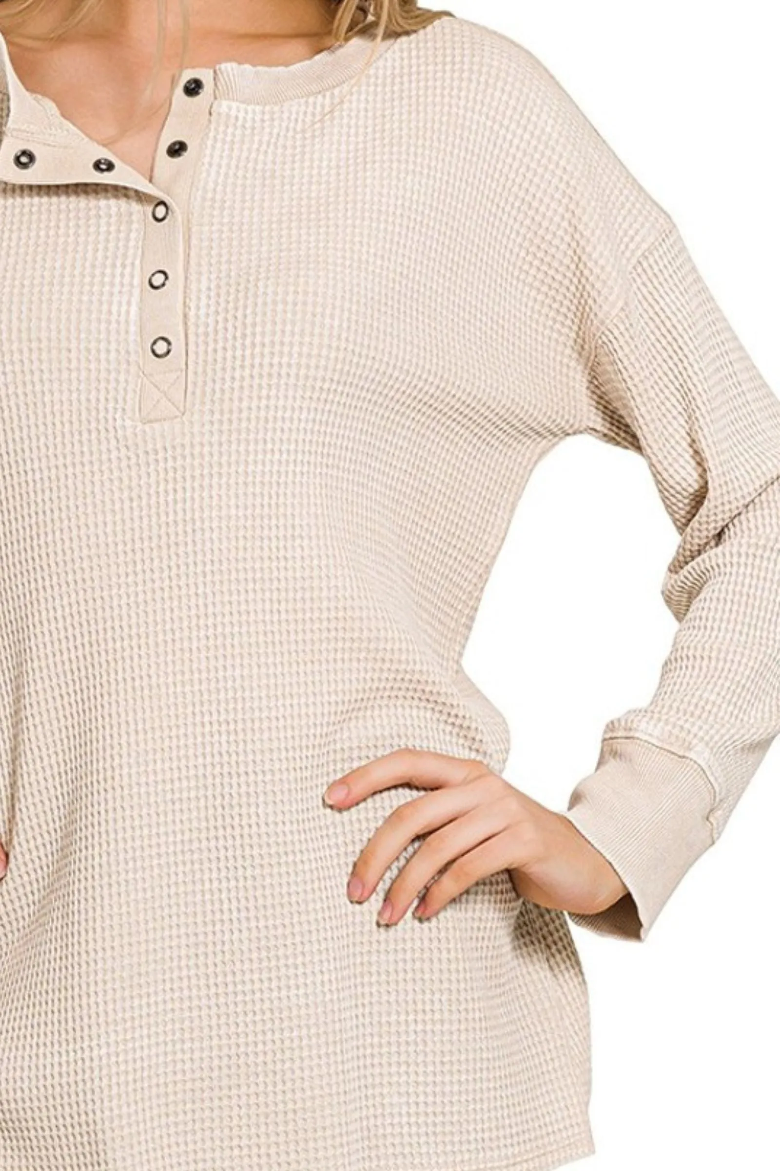 Beige Washed Waffle Henley Top