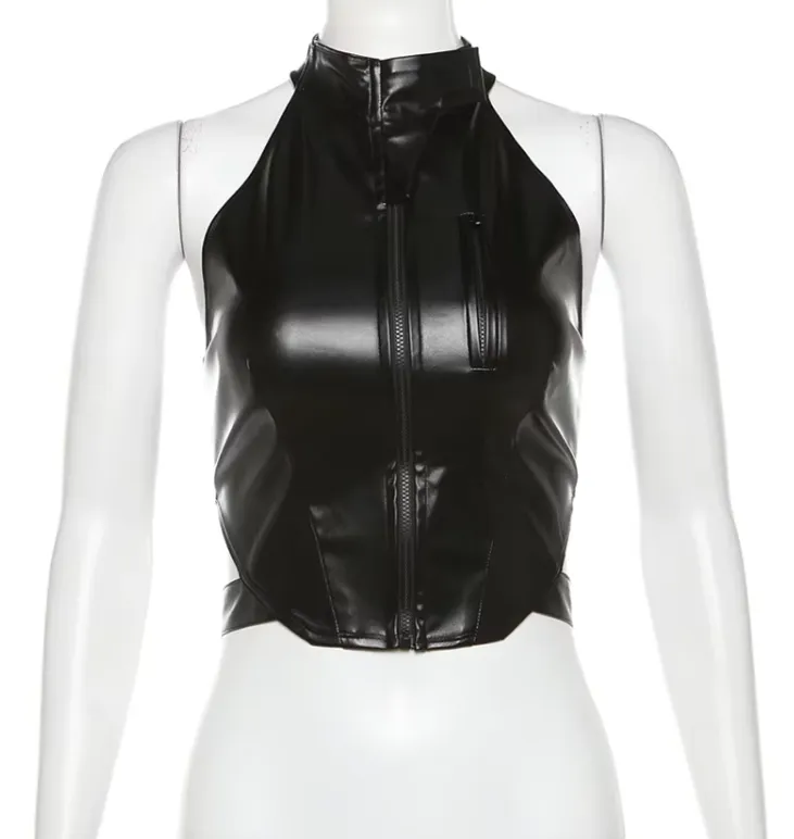 Black Faux Leather Backless Sleeveless Zip Up Top