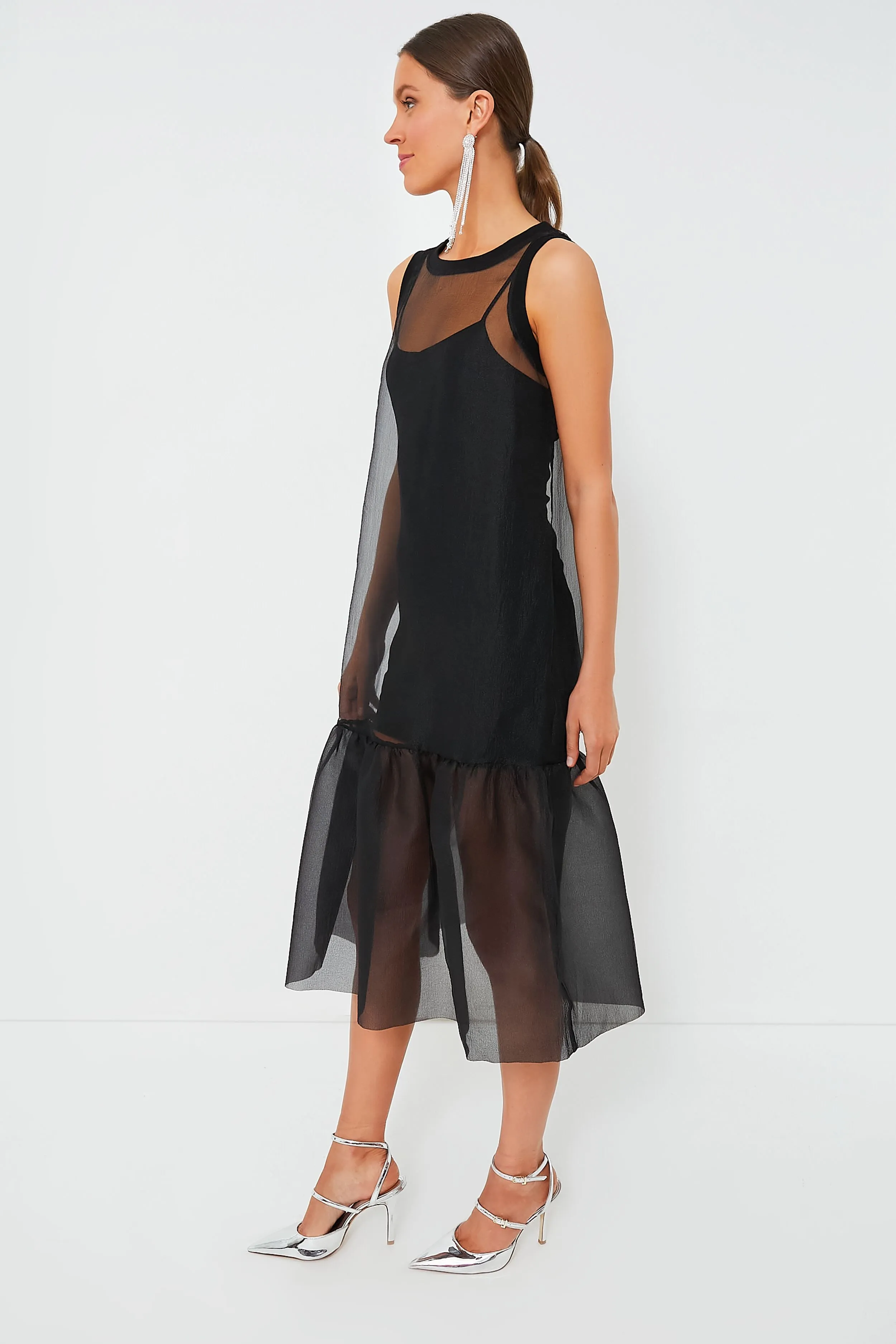 Black Midi Organza Ribbed Dress