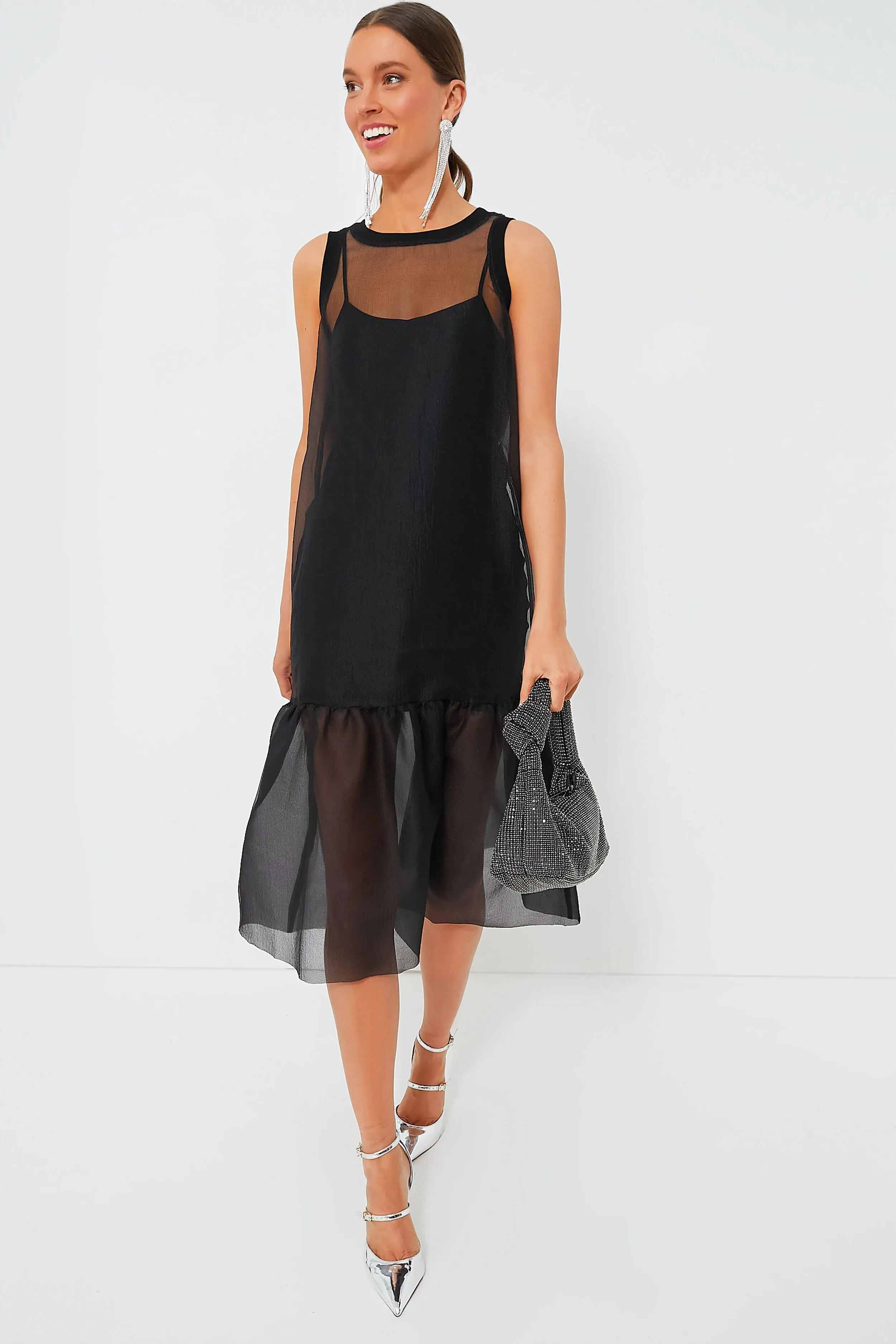 Black Midi Organza Ribbed Dress