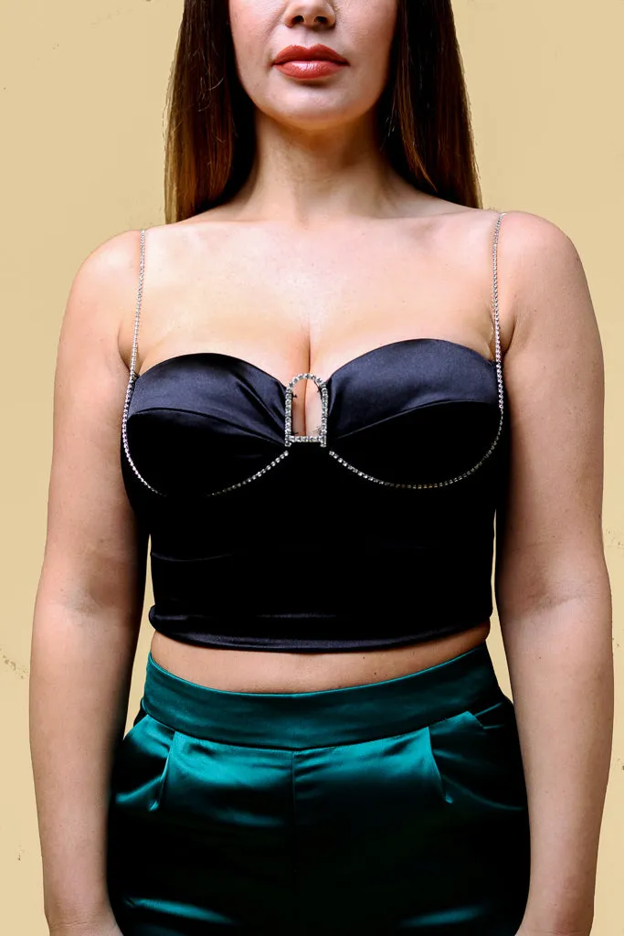 Black Satin Diamante Crop Top