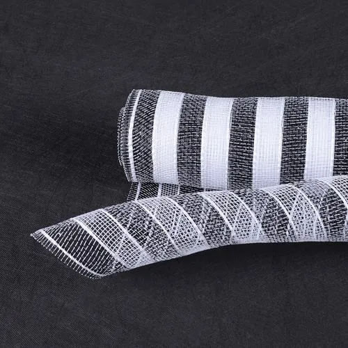 Black White - Poly Deco Mesh Wrap with Laser Mono Stripe ( 10 Inch x 10 Yards )