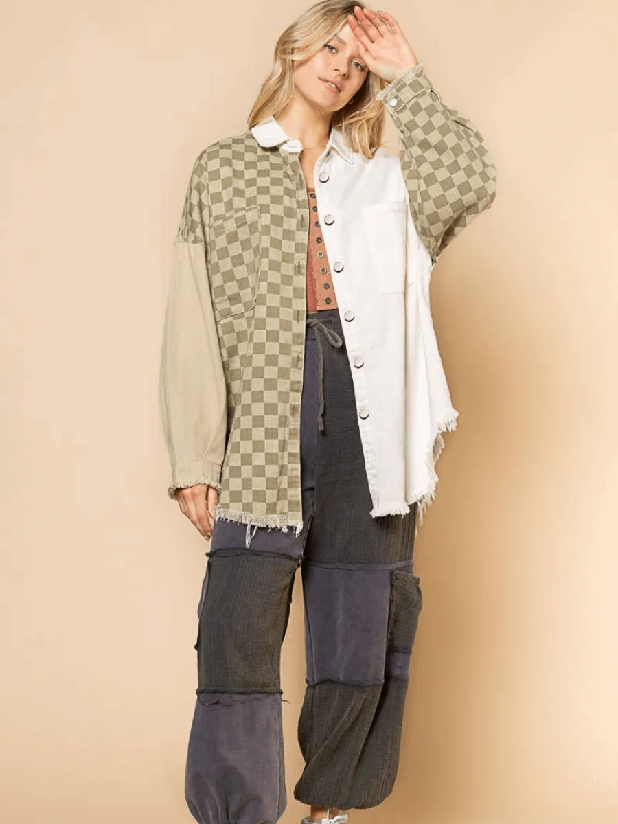 CHECK COTTON FRAYED DENIM SHACKET - KHAKI