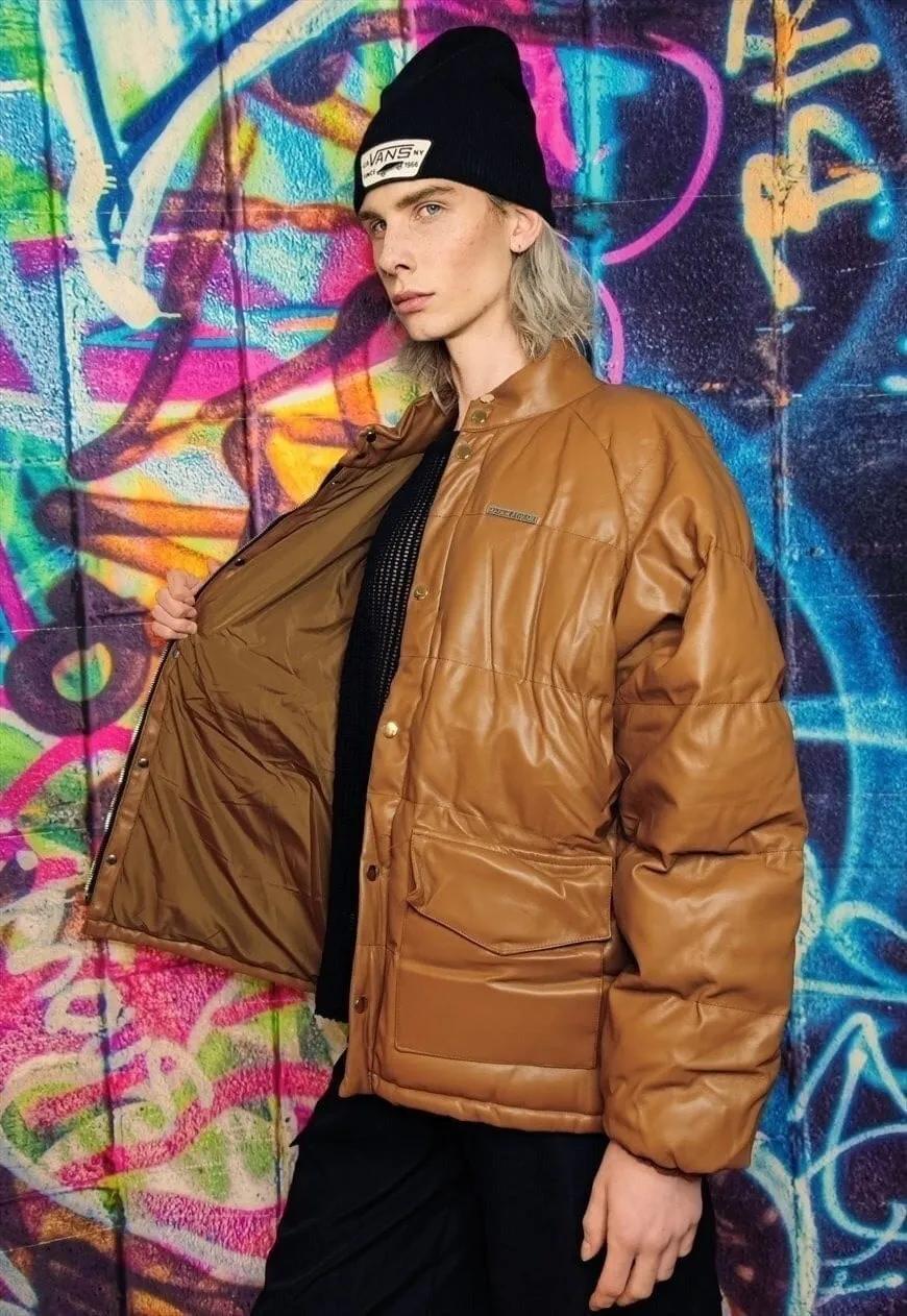 Faux leather bomber jacket retro quilted bomber solid brown