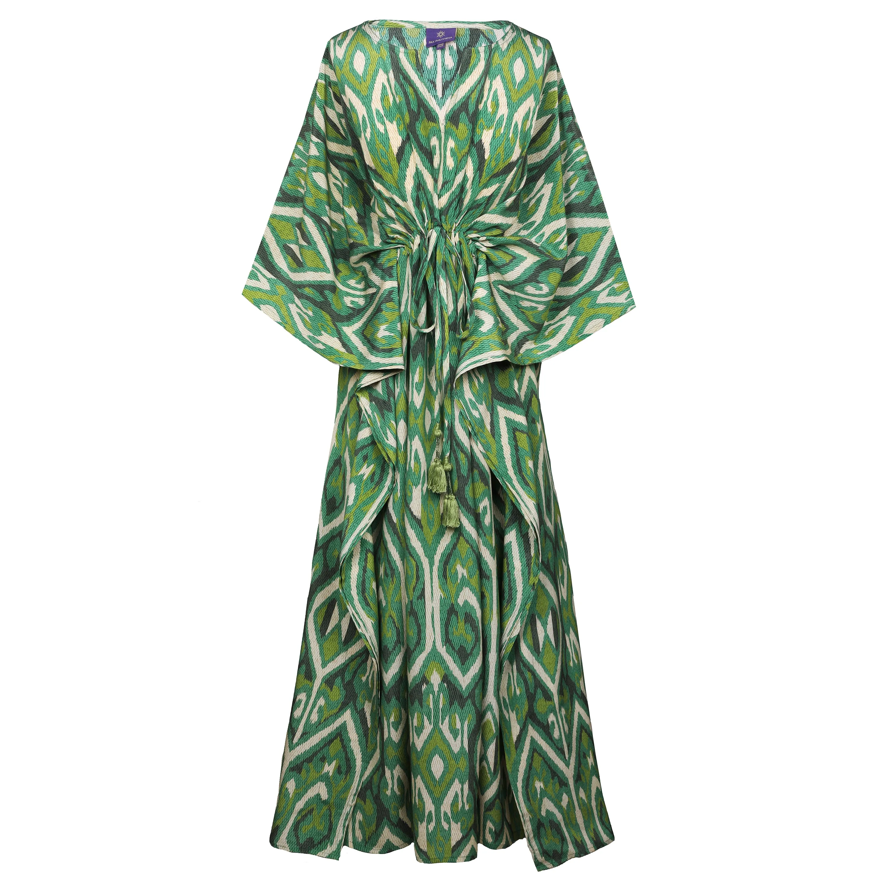 Gallipoli Green Ikat Italian Silk Maxi Kaftan