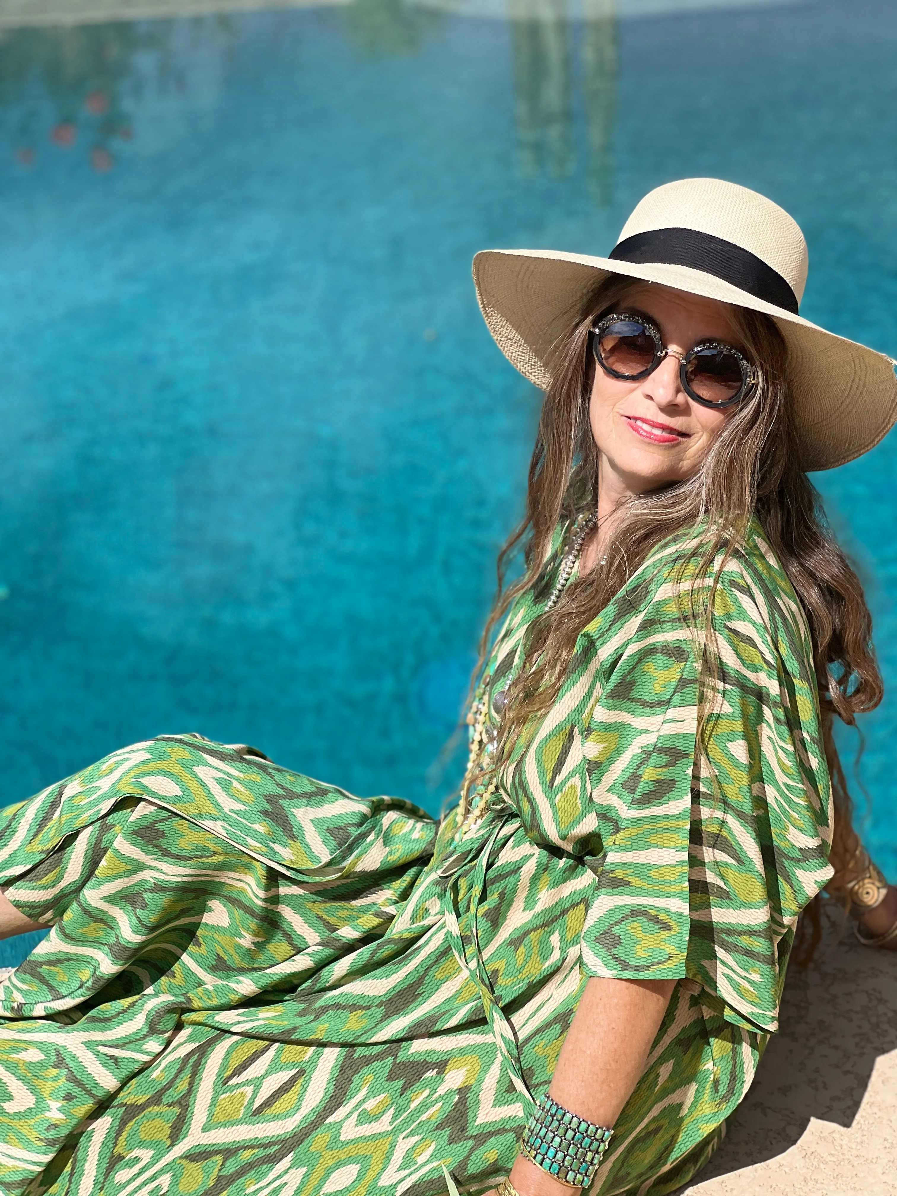 Gallipoli Green Ikat Italian Silk Maxi Kaftan