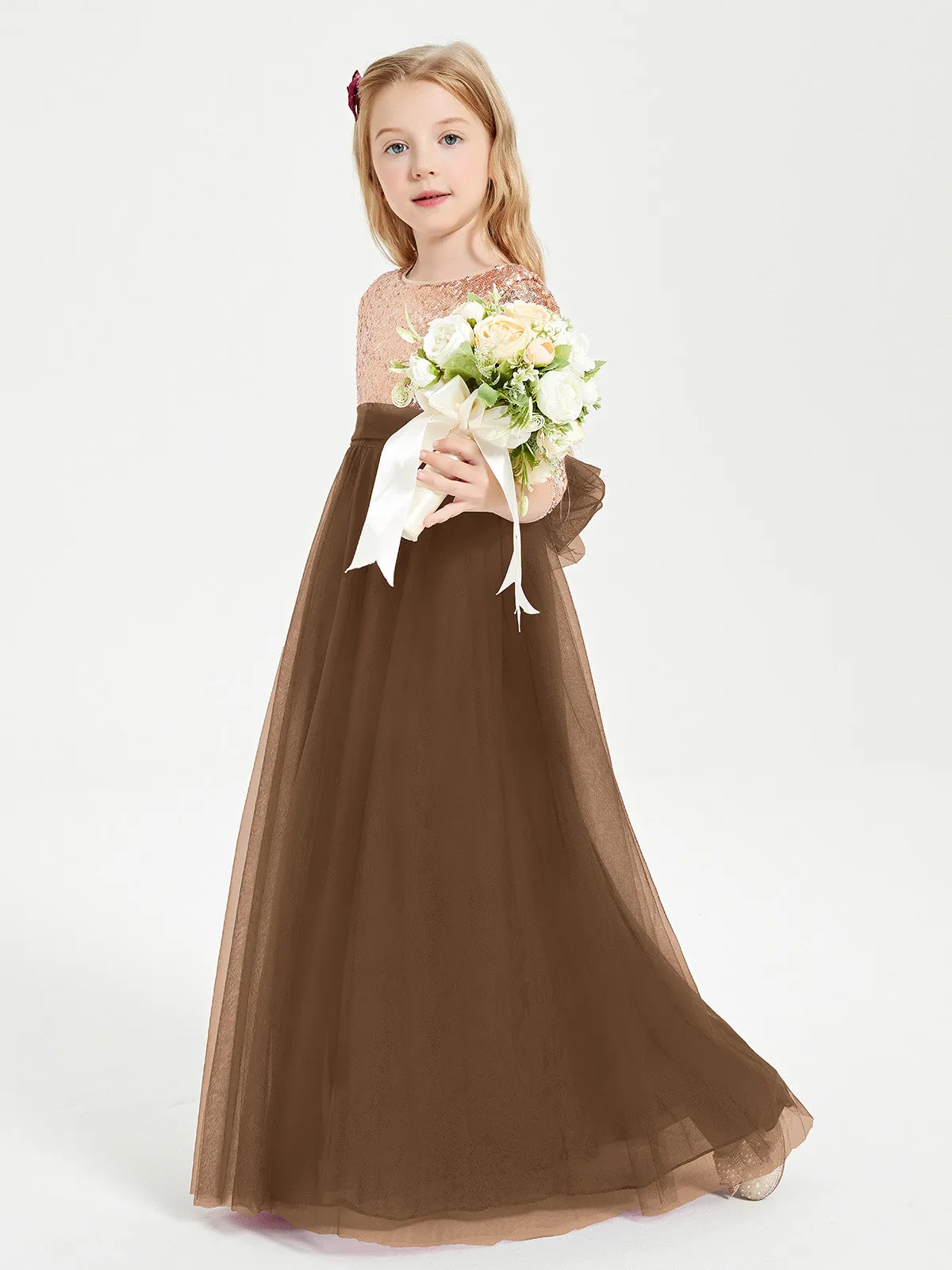 Glamorous Junior Bridesmaid Dresses Sequined Top Brown