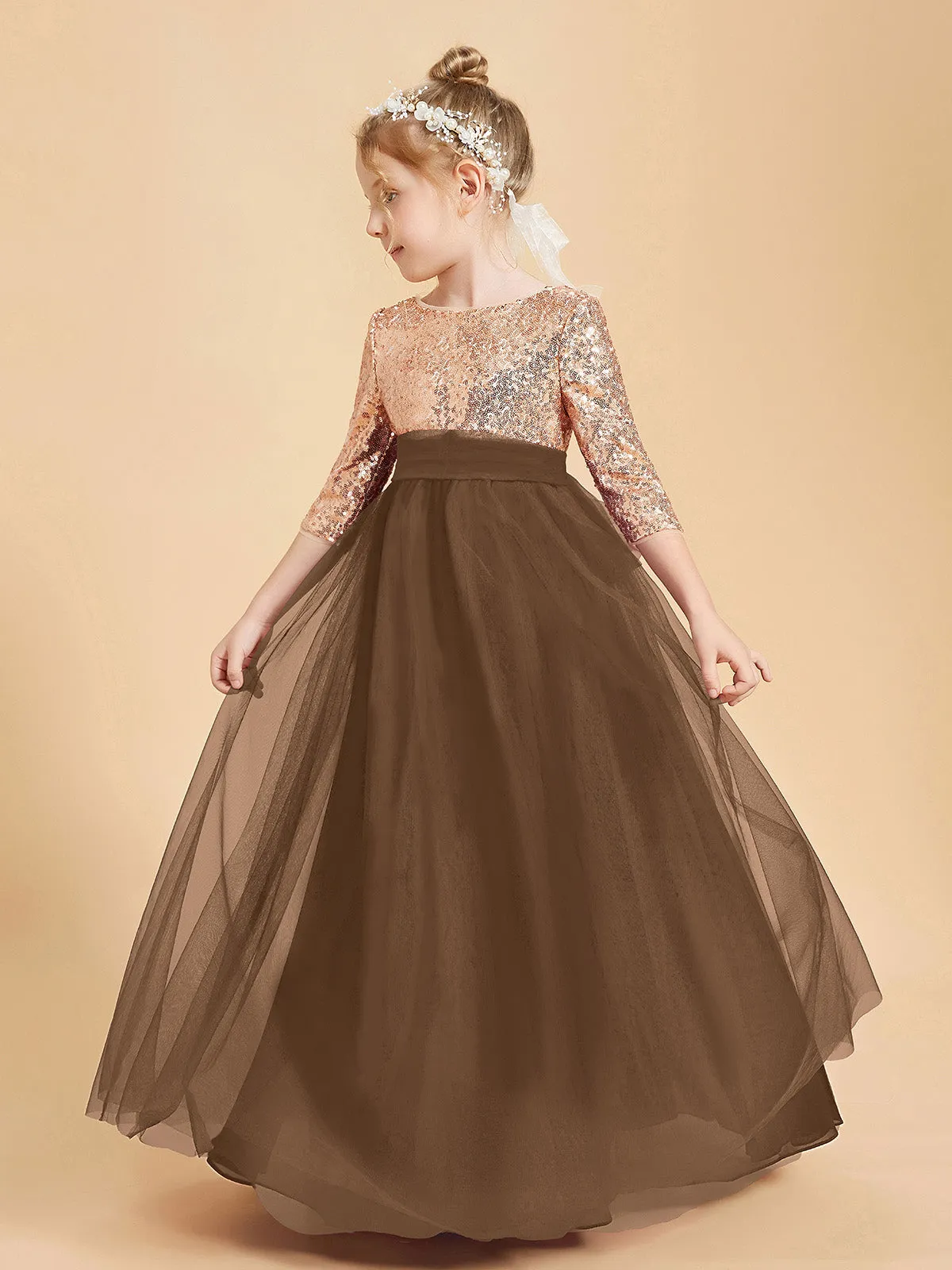 Glamorous Junior Bridesmaid Dresses Sequined Top Brown