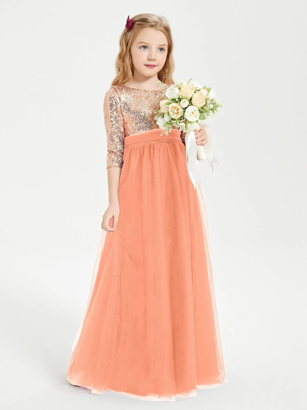 Glamorous Junior Bridesmaid Dresses Sequined Top Papaya