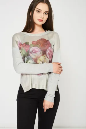 Grey Knitted Top With Floral Print