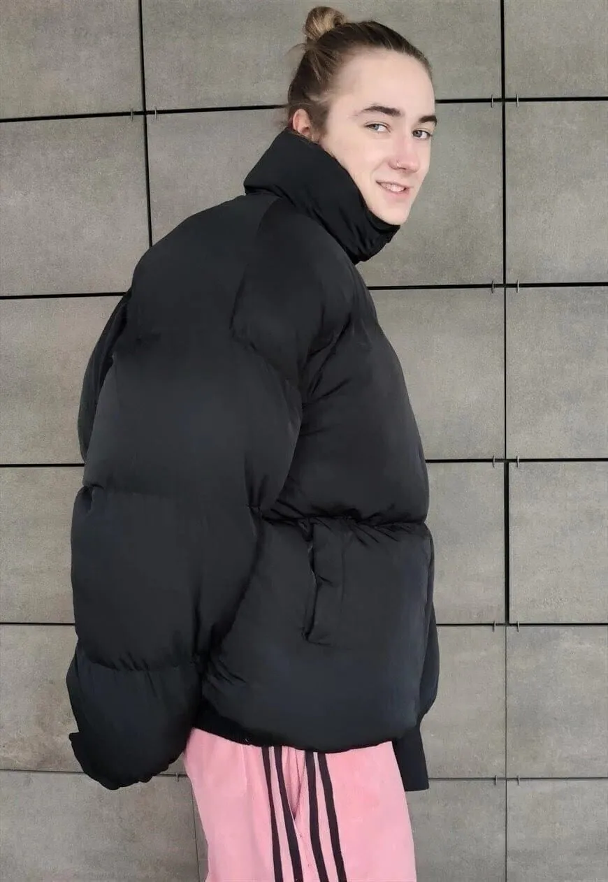 High neck cropped bomber quilted roll puffer jacket in black