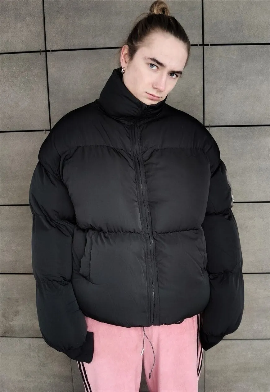 High neck cropped bomber quilted roll puffer jacket in black