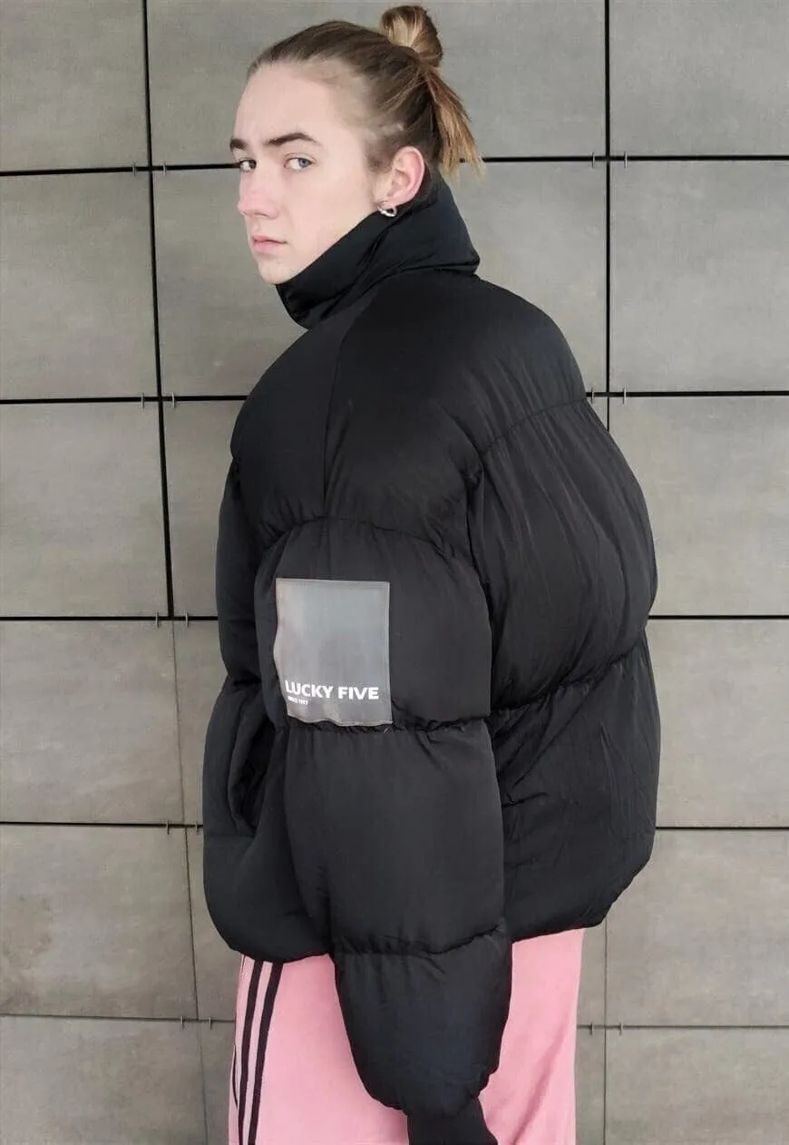 High neck cropped bomber quilted roll puffer jacket in black