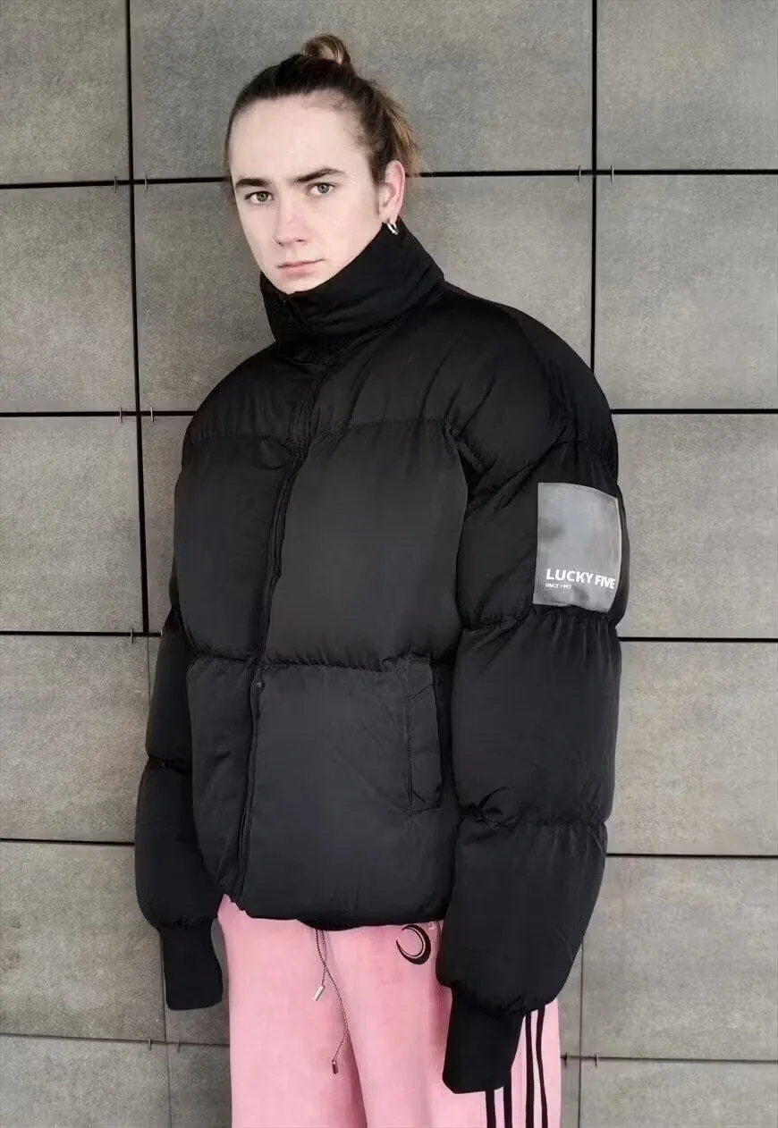 High neck cropped bomber quilted roll puffer jacket in black