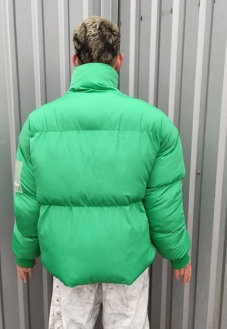 High neck cropped bomber quilted roll puffer jacket in green