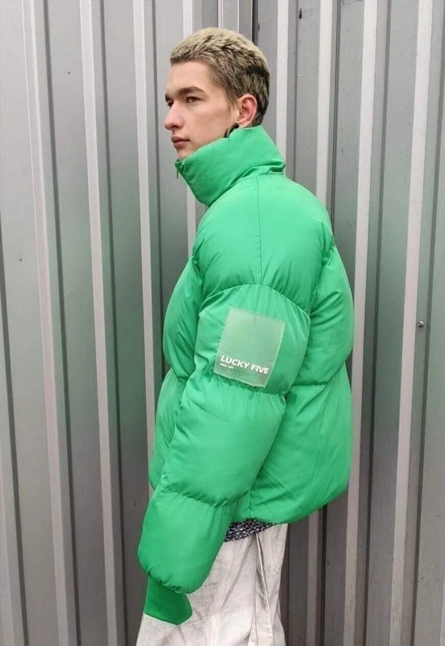 High neck cropped bomber quilted roll puffer jacket in green