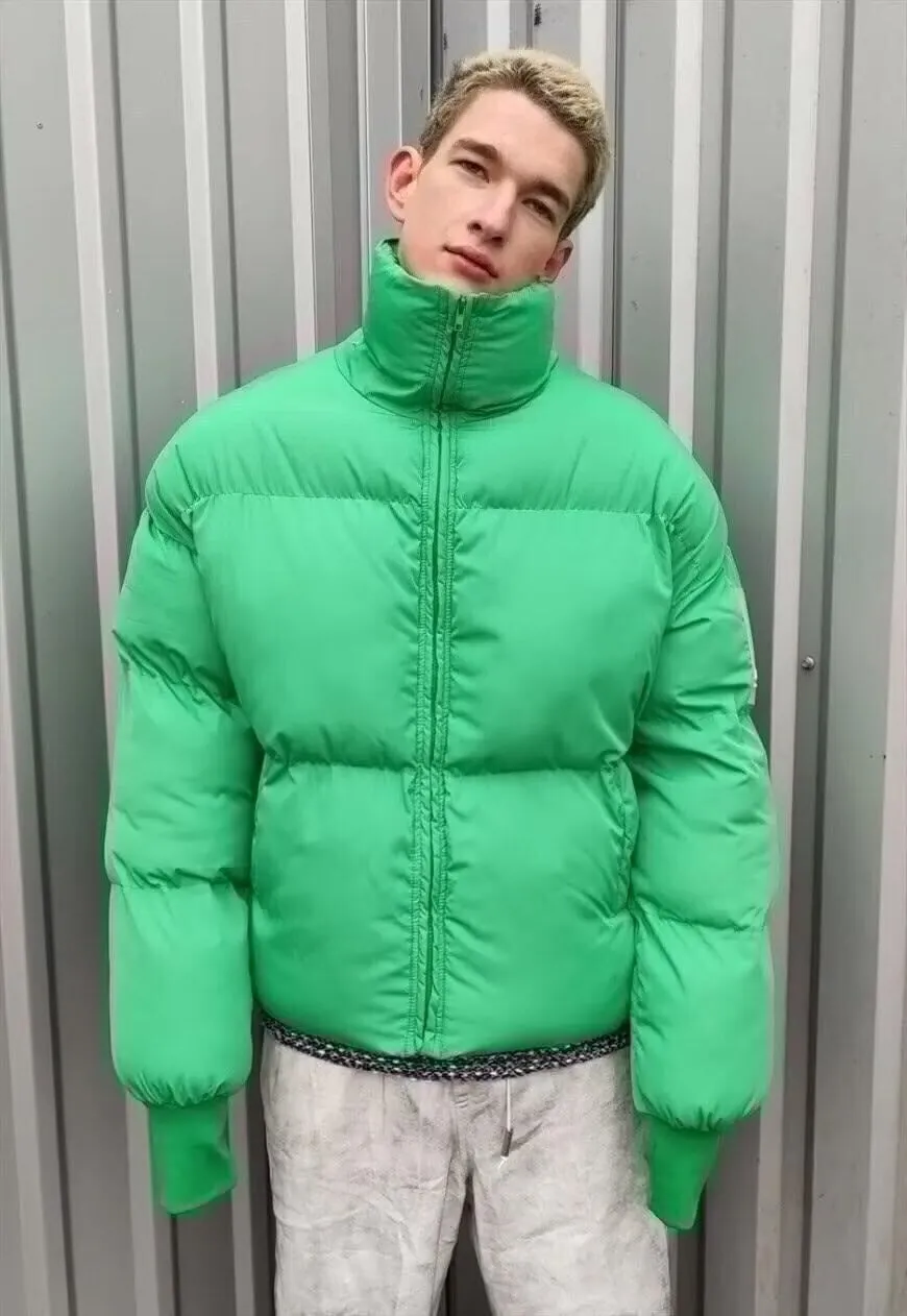 High neck cropped bomber quilted roll puffer jacket in green