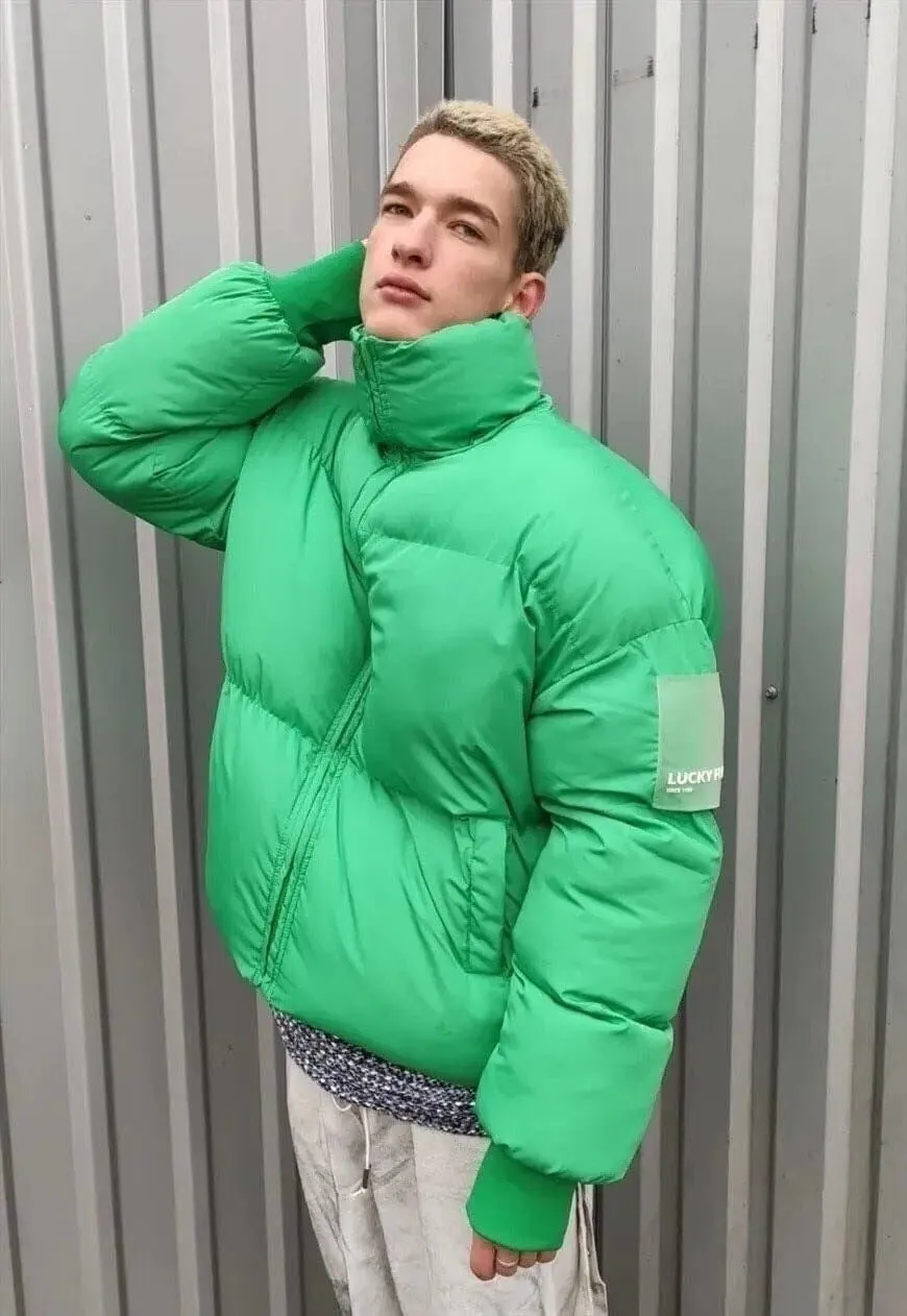 High neck cropped bomber quilted roll puffer jacket in green