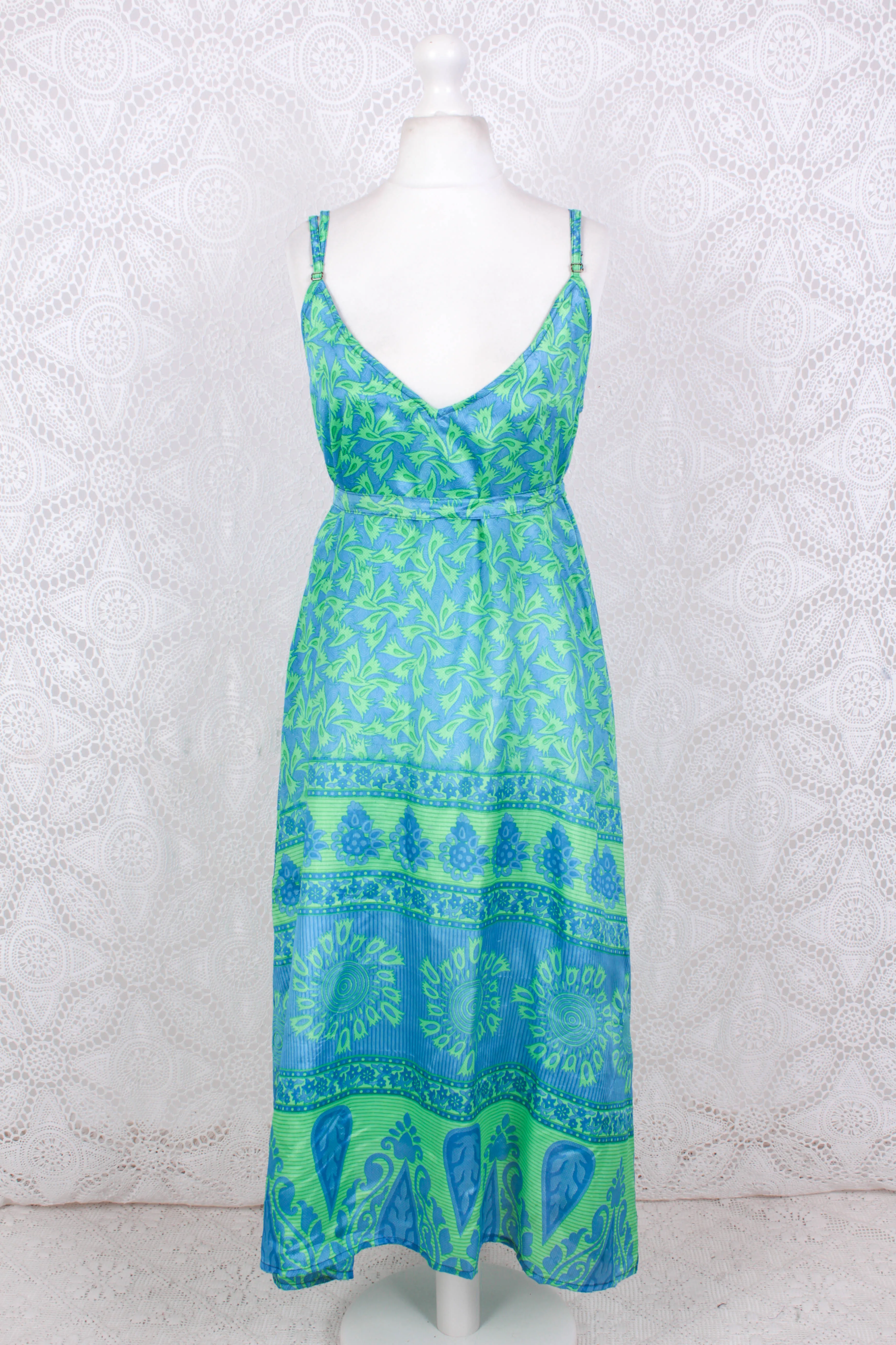 Jamie Dress - Indian Sari Slip Dress - Blue & Neon Green - Size S/M