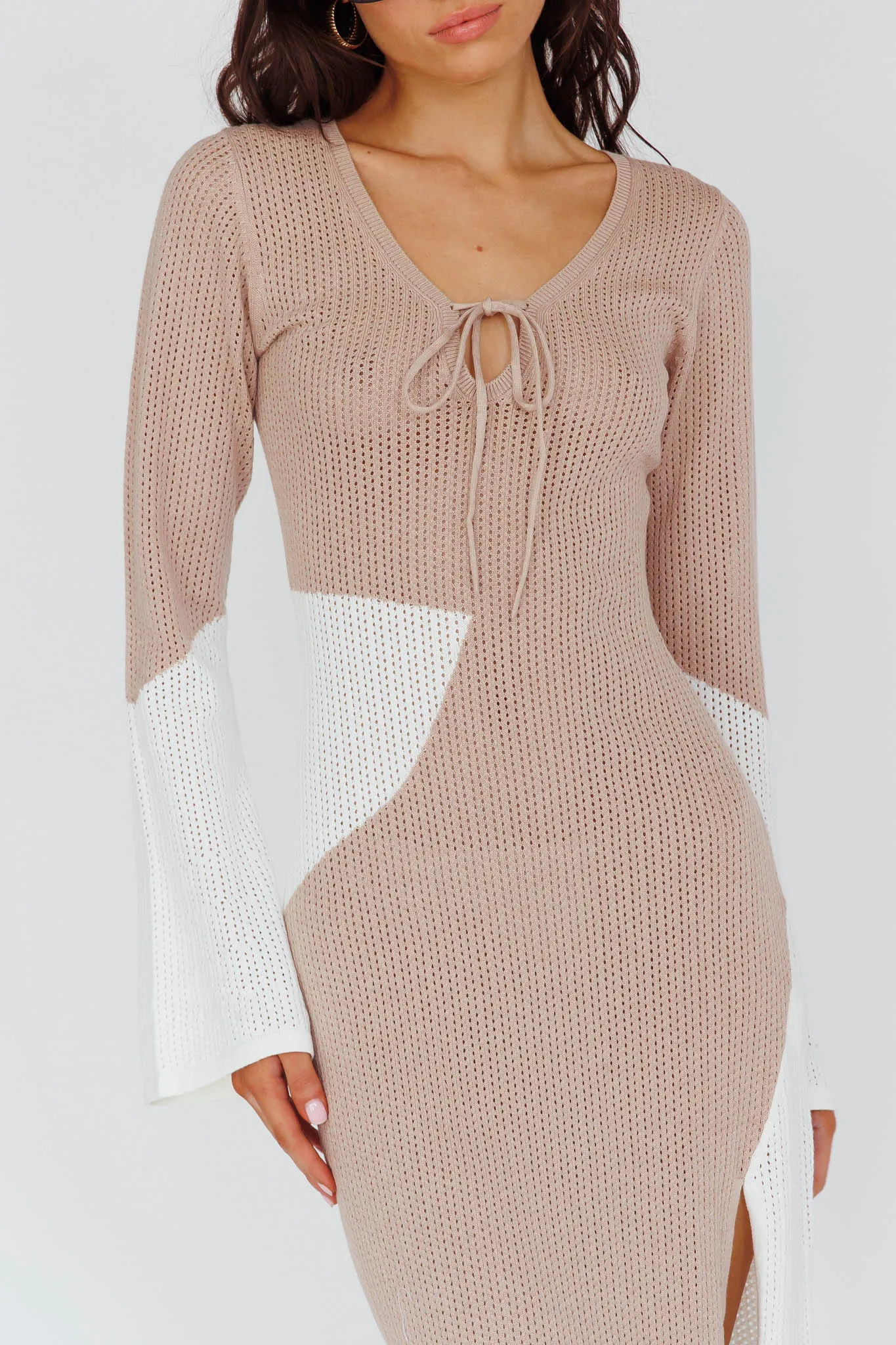 Karsen Long Sleeve Crochet Maxi Dress Beige