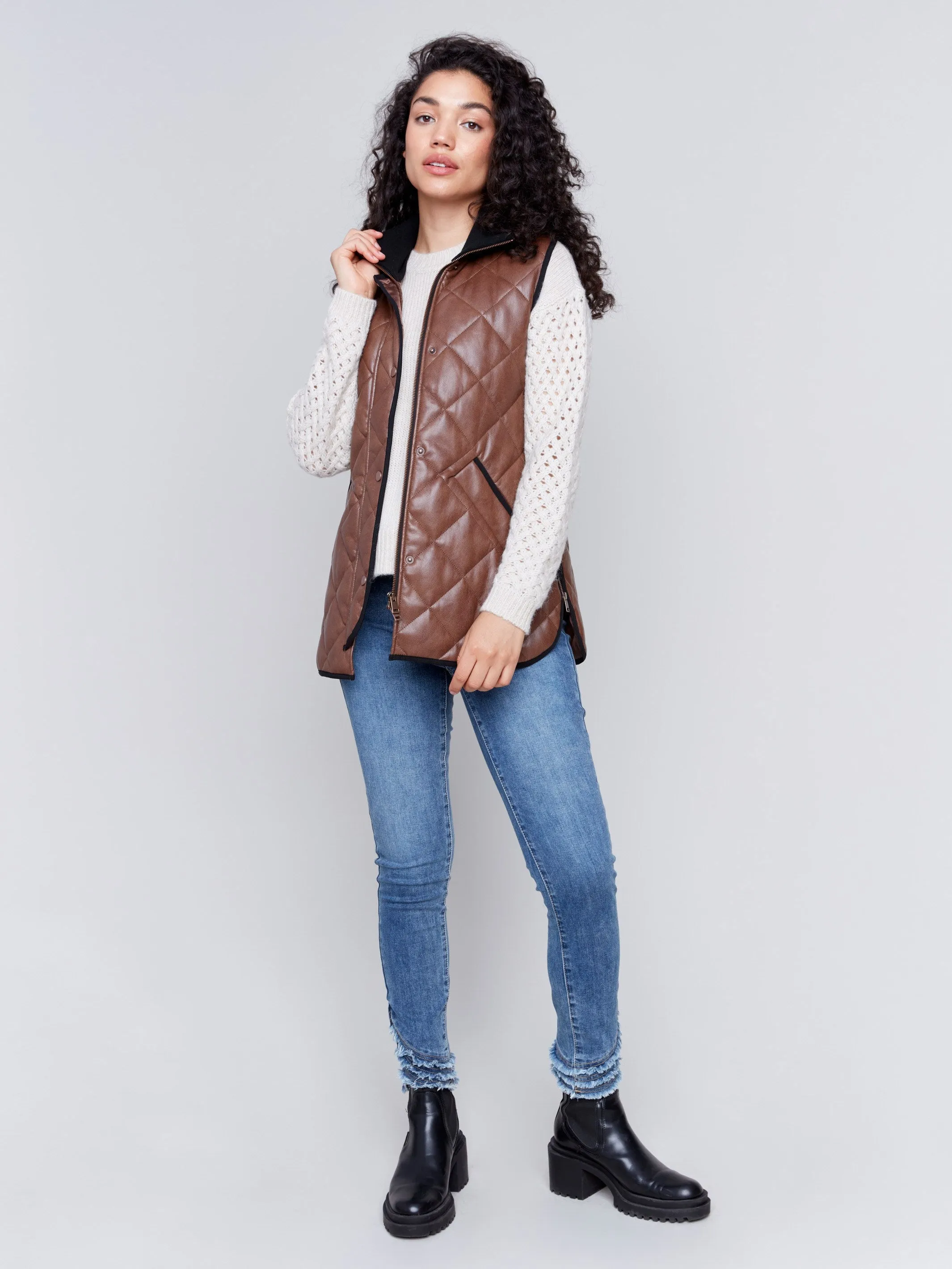 Long Quilted Faux Leather Vest - Brandy