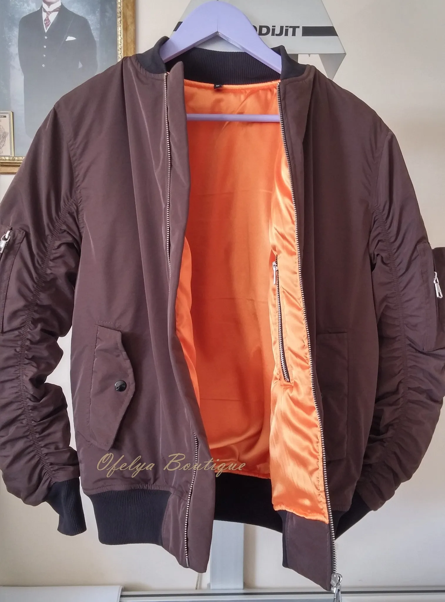 MA1 Brown with Orange Sateen Lining Back Pocket Fog Zipper Sleeves Quilted Bomber Jacket / Flight Jacket /Stich Lines on the Side Ways