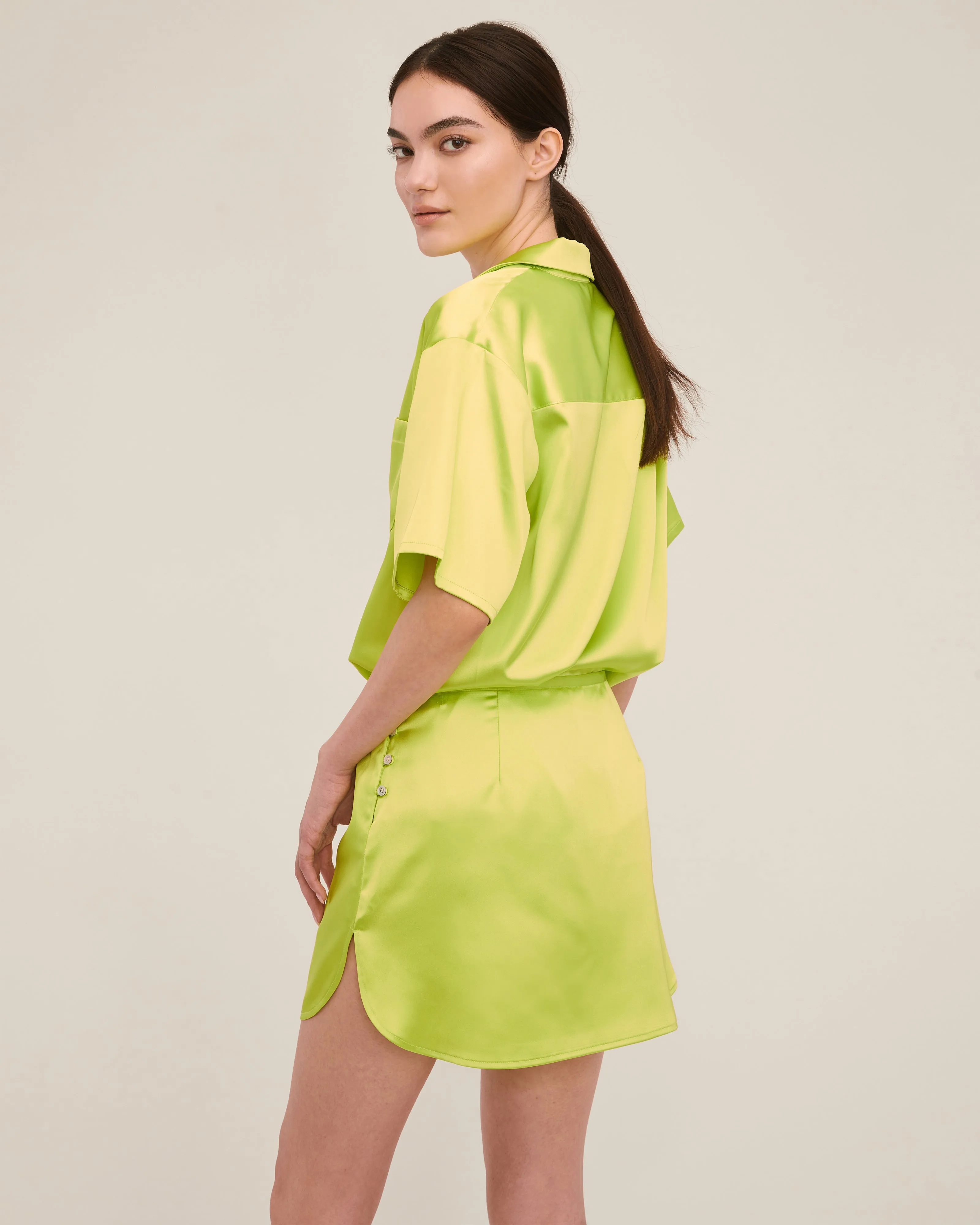 Margo Satin Notch Collar Camp Shirt in Neon Lime