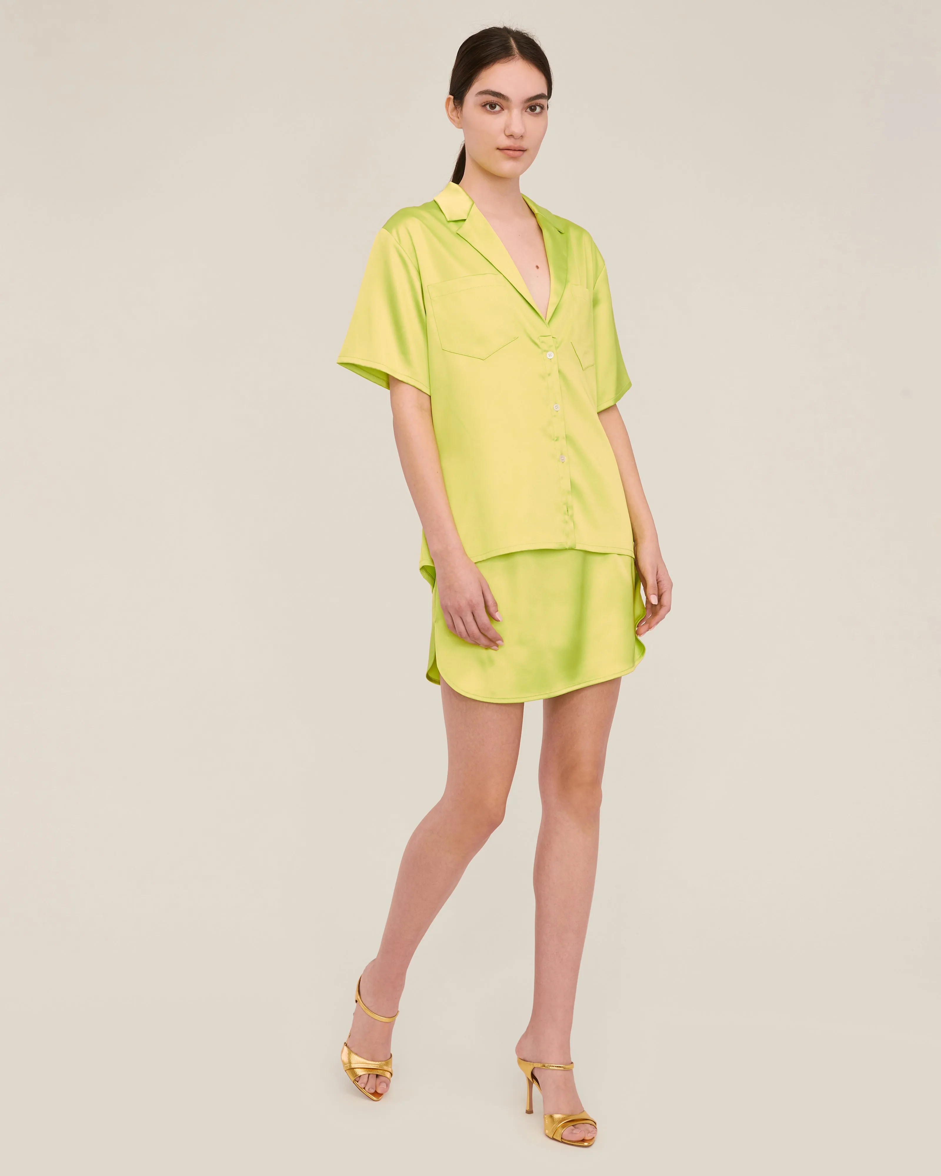 Margo Satin Notch Collar Camp Shirt in Neon Lime