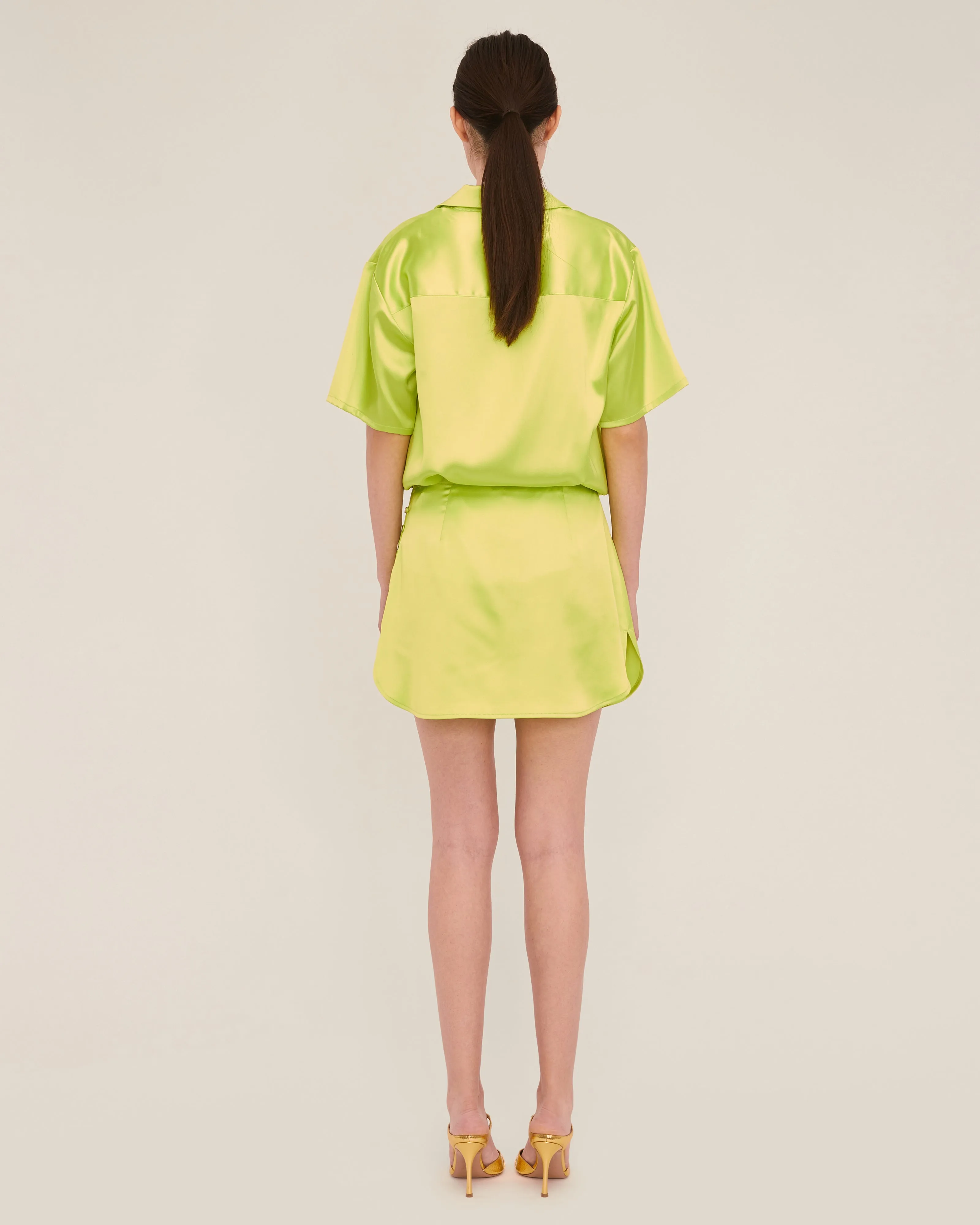 Margo Satin Notch Collar Camp Shirt in Neon Lime