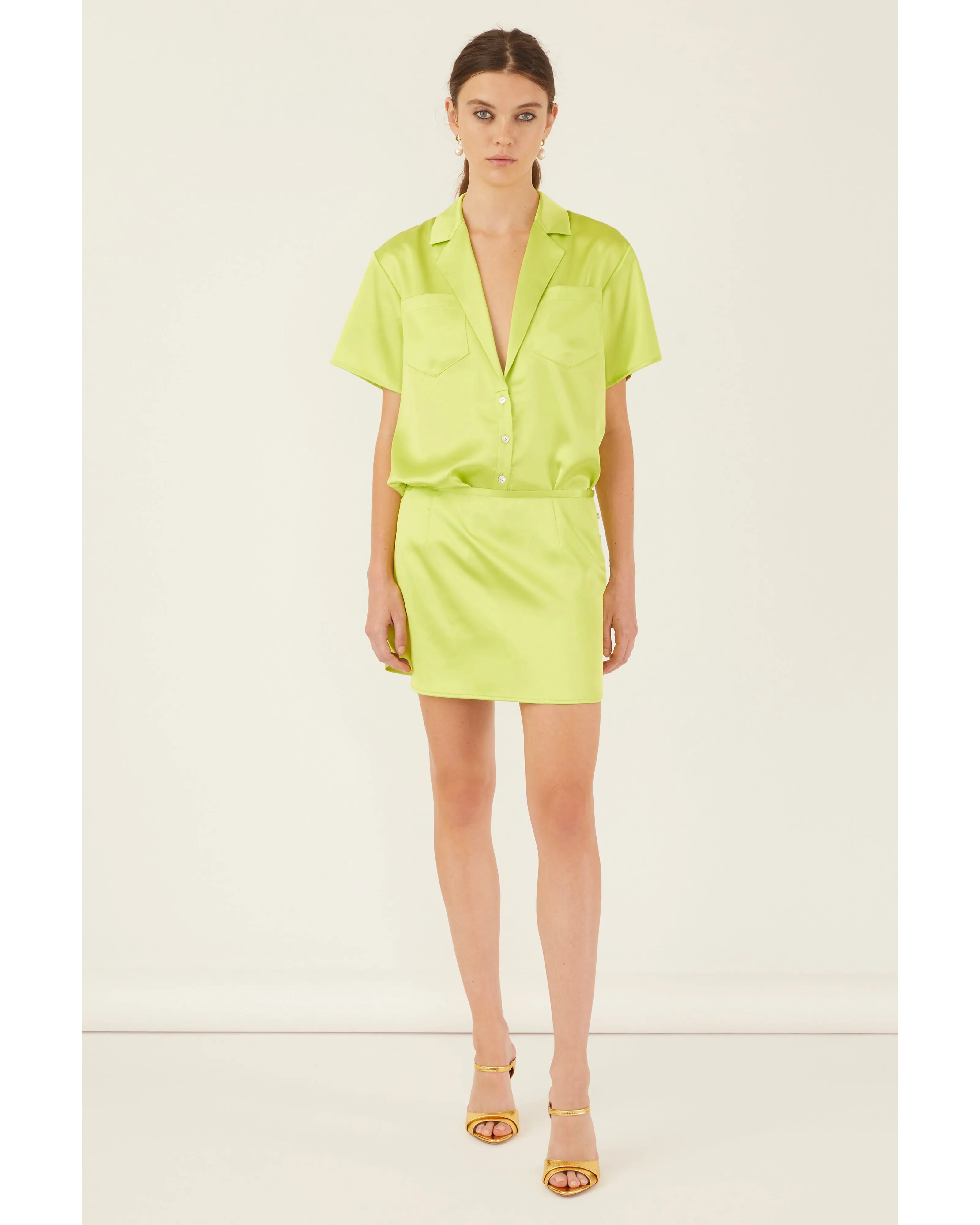 Margo Satin Notch Collar Camp Shirt in Neon Lime