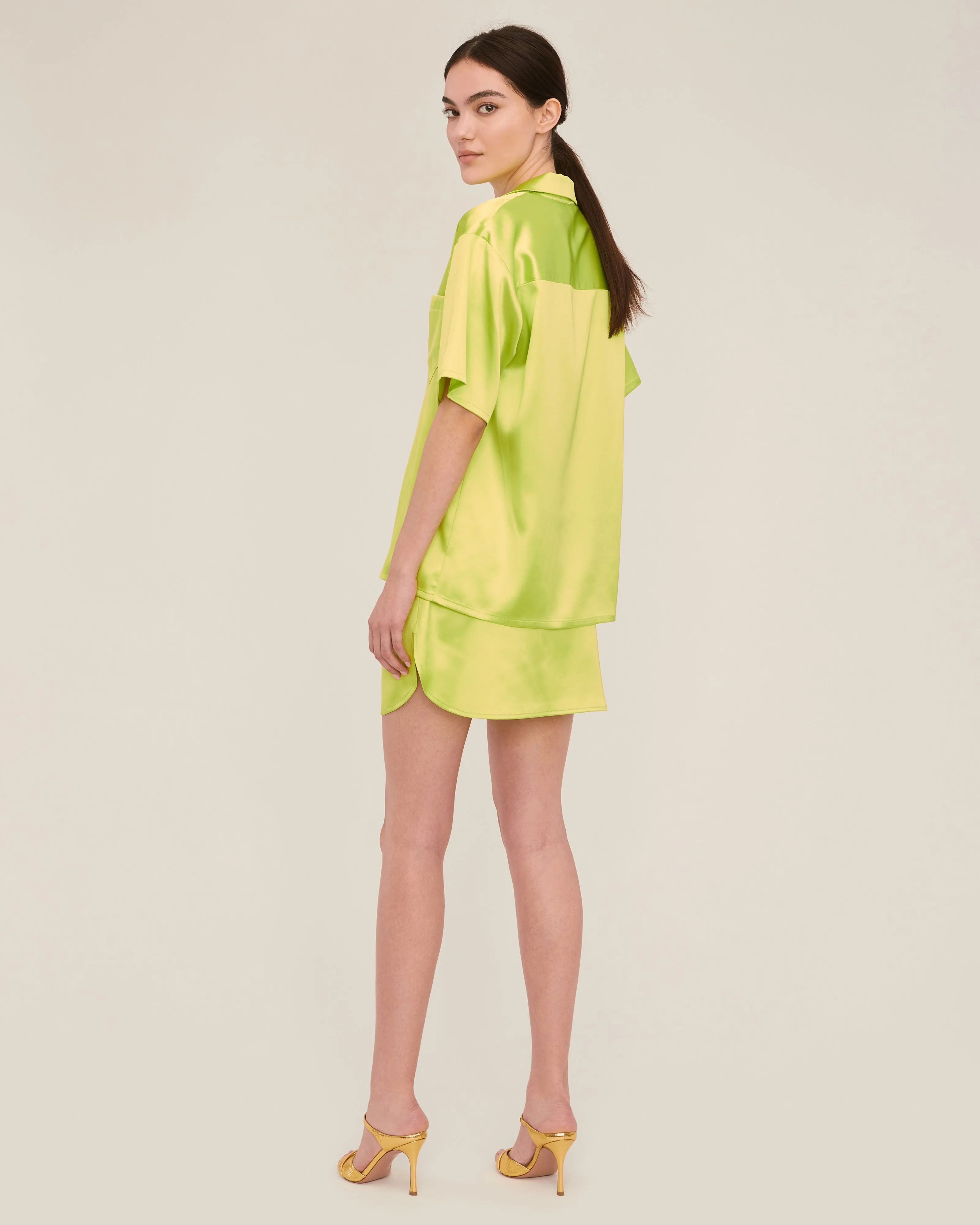 Margo Satin Notch Collar Camp Shirt in Neon Lime