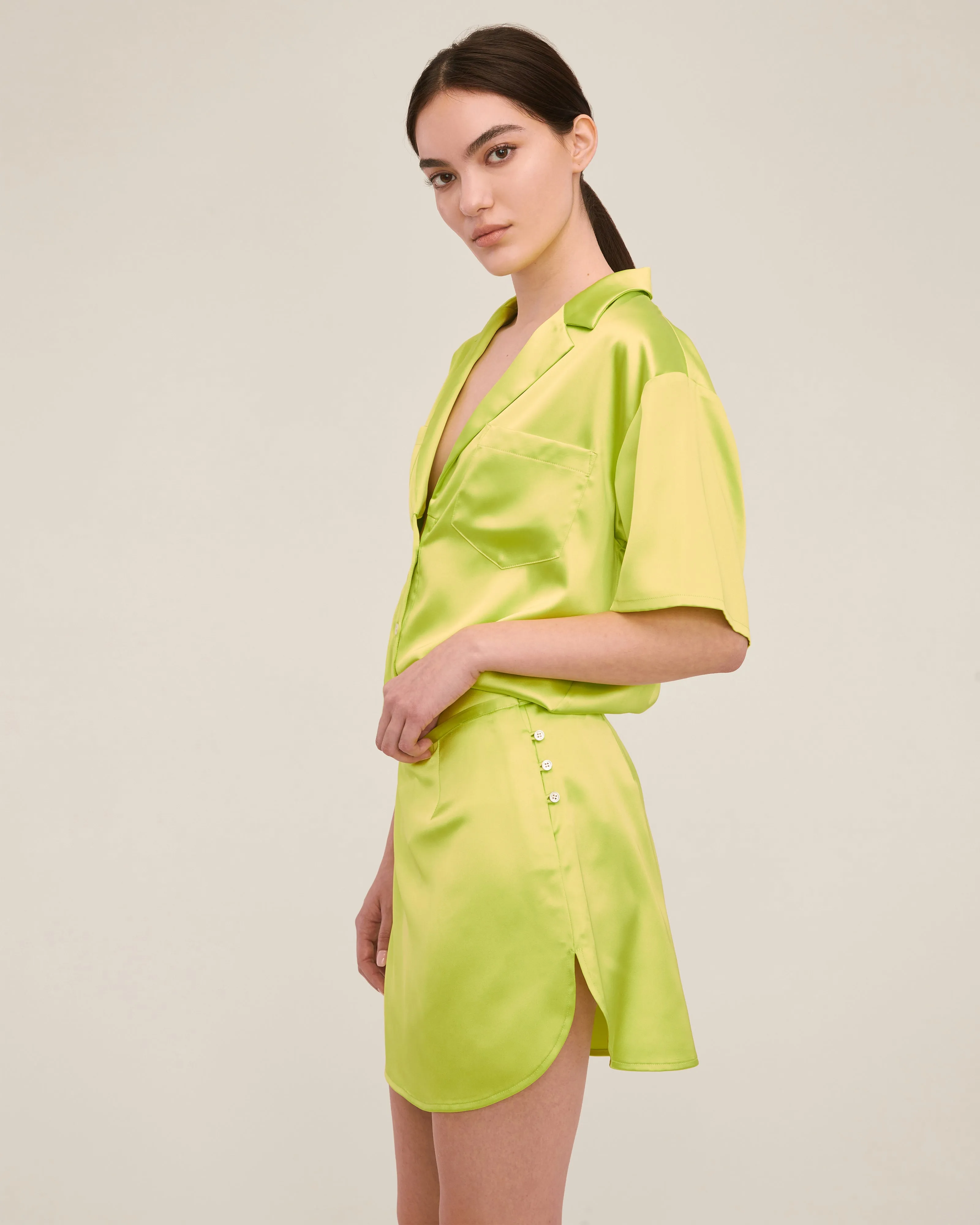 Margo Satin Notch Collar Camp Shirt in Neon Lime