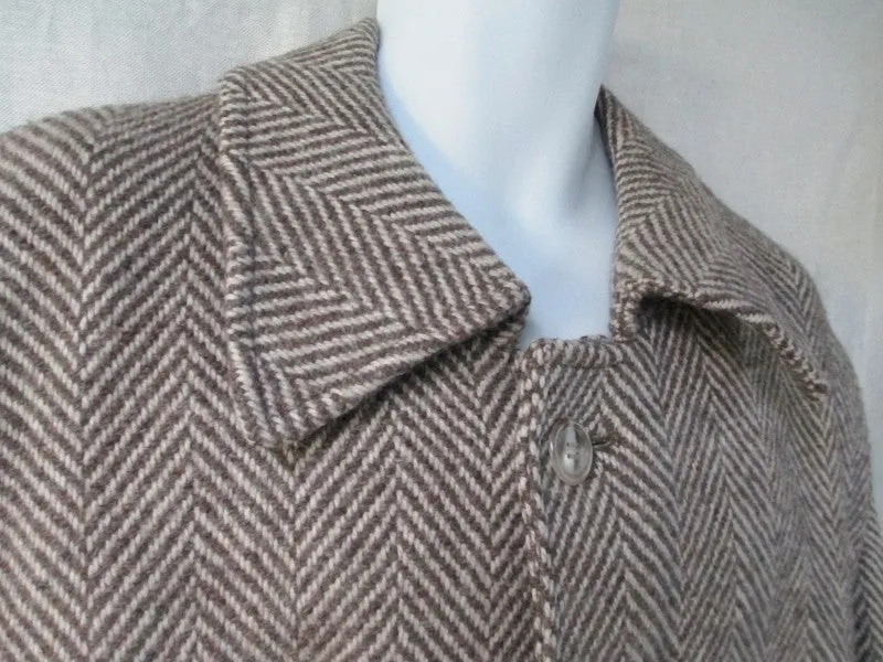 Mens Vtg Wool Herringbone maxi jacket coat peacoat Hipster L GRAY WHITE