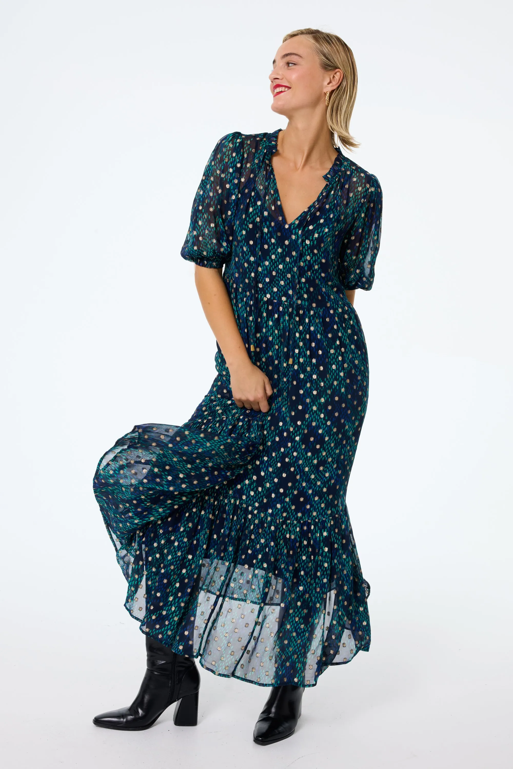 Midnight with Teal Snake Print Chiffon Tiered Maxi Dress