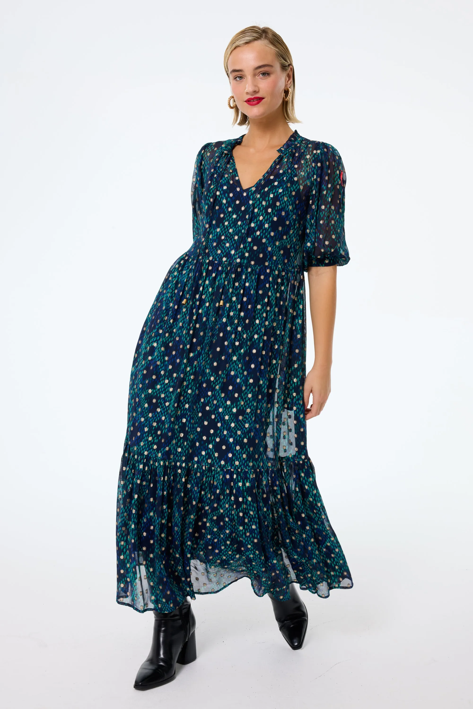 Midnight with Teal Snake Print Chiffon Tiered Maxi Dress