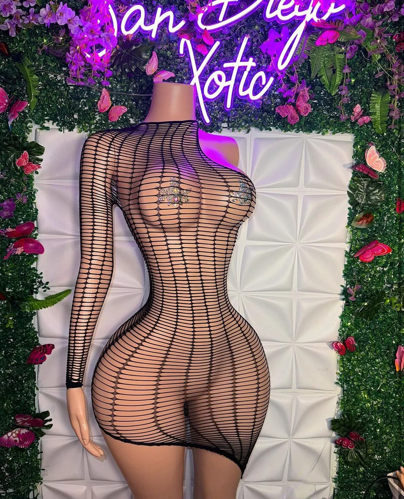 Nicole — Slitted Asymmetrical Fishnet Dress