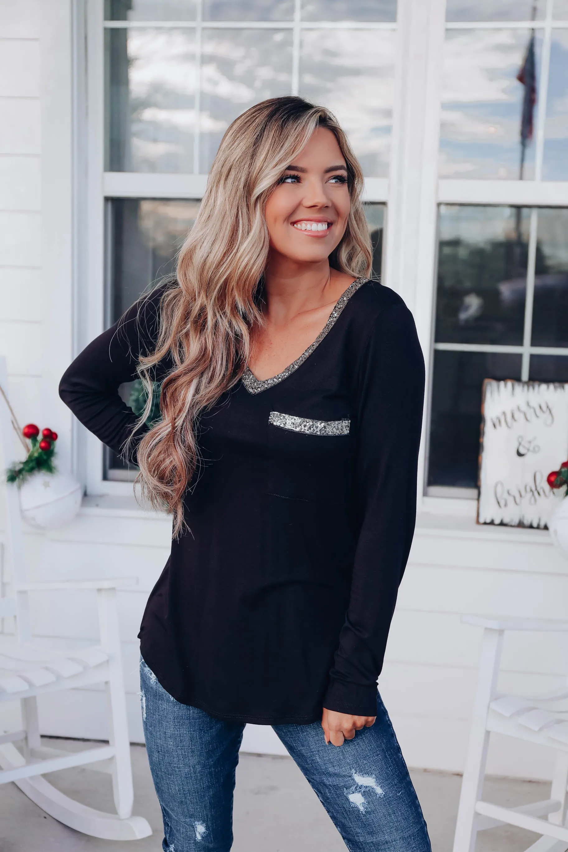 Oh So Glamorous Long Sleeve Top - Black