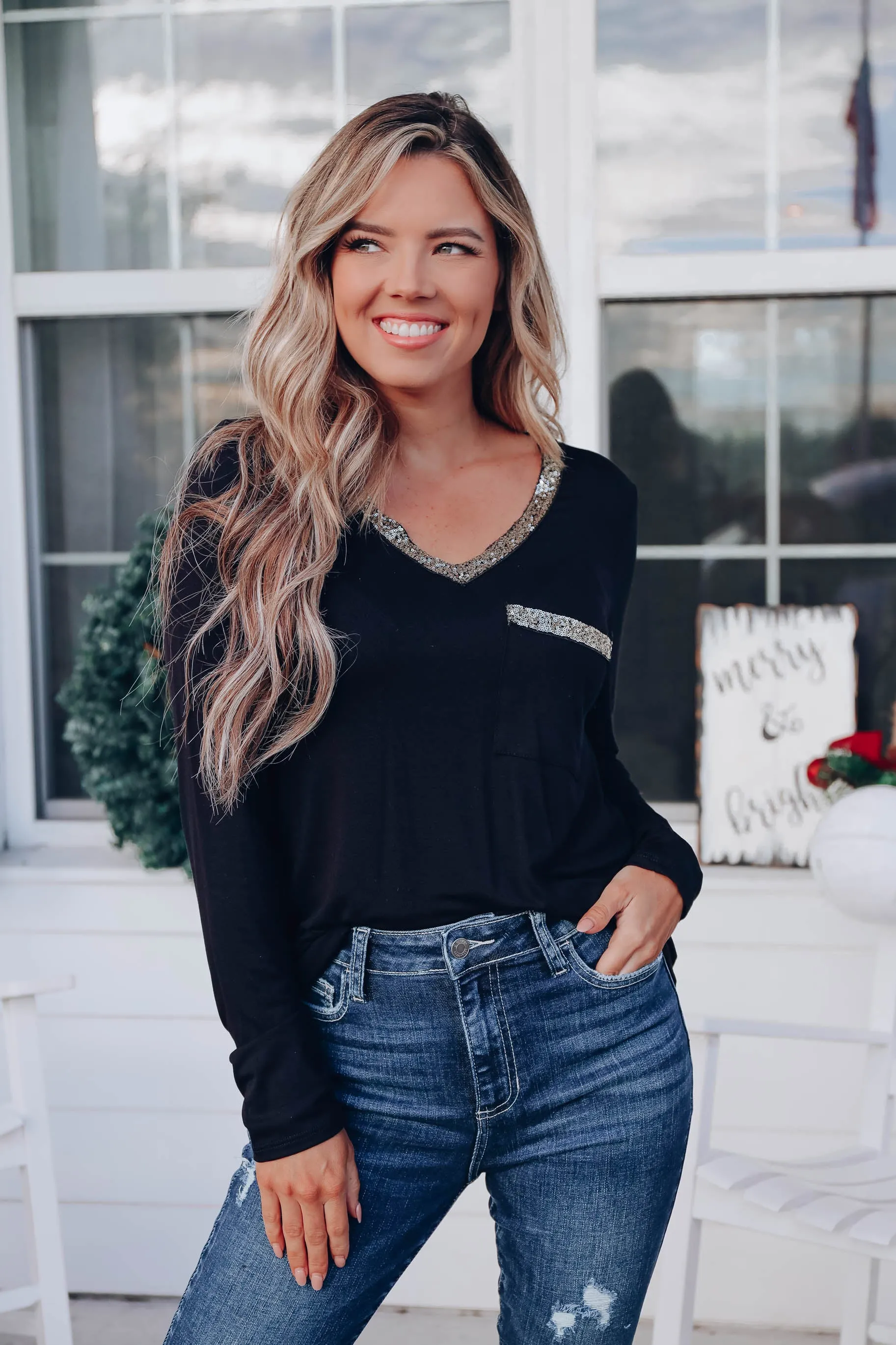 Oh So Glamorous Long Sleeve Top - Black