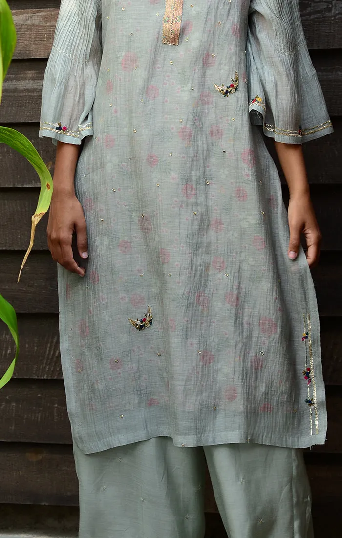 Pale Grey Kurta with Pants and Printed Slip Dress