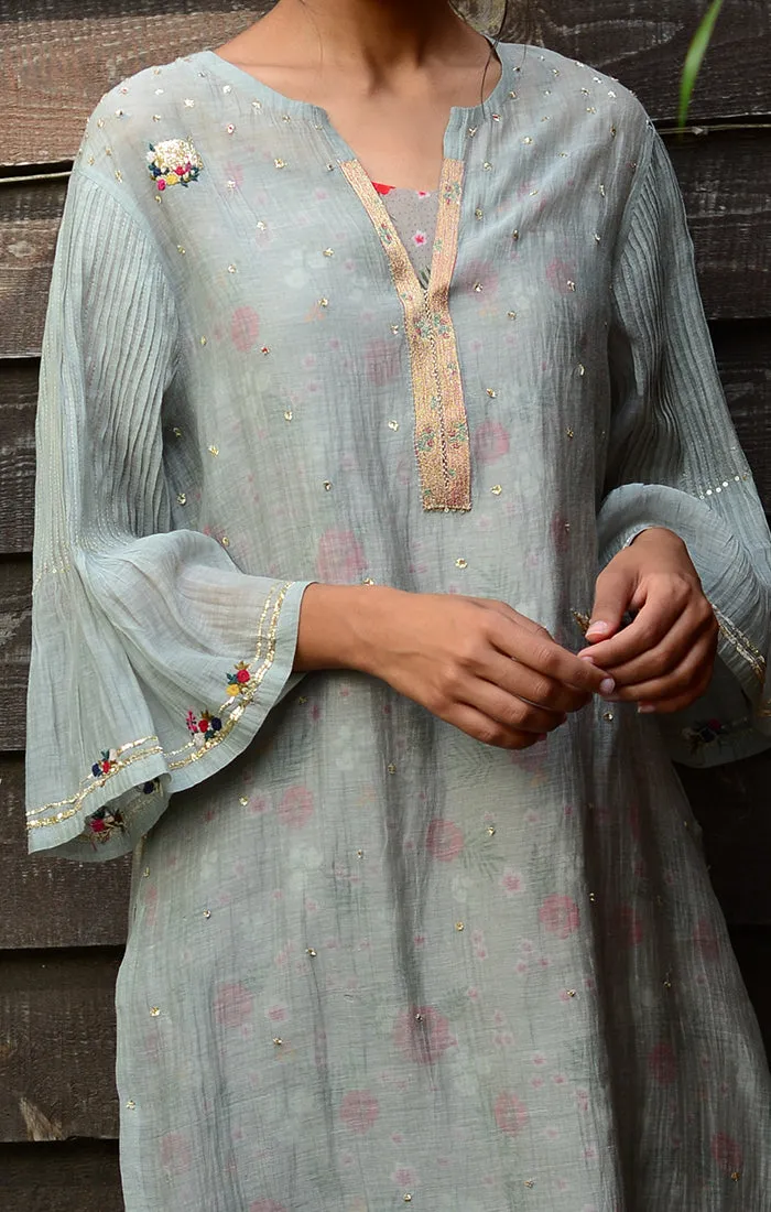 Pale Grey Kurta with Pants and Printed Slip Dress