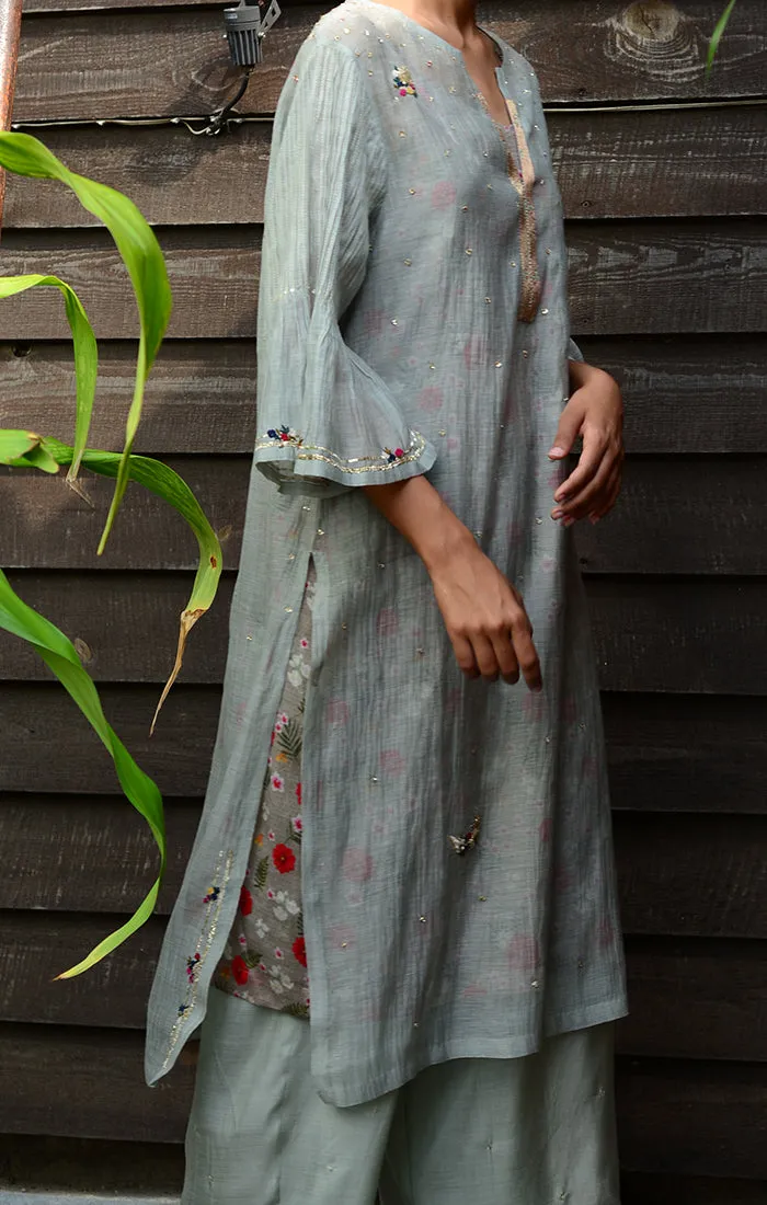 Pale Grey Kurta with Pants and Printed Slip Dress