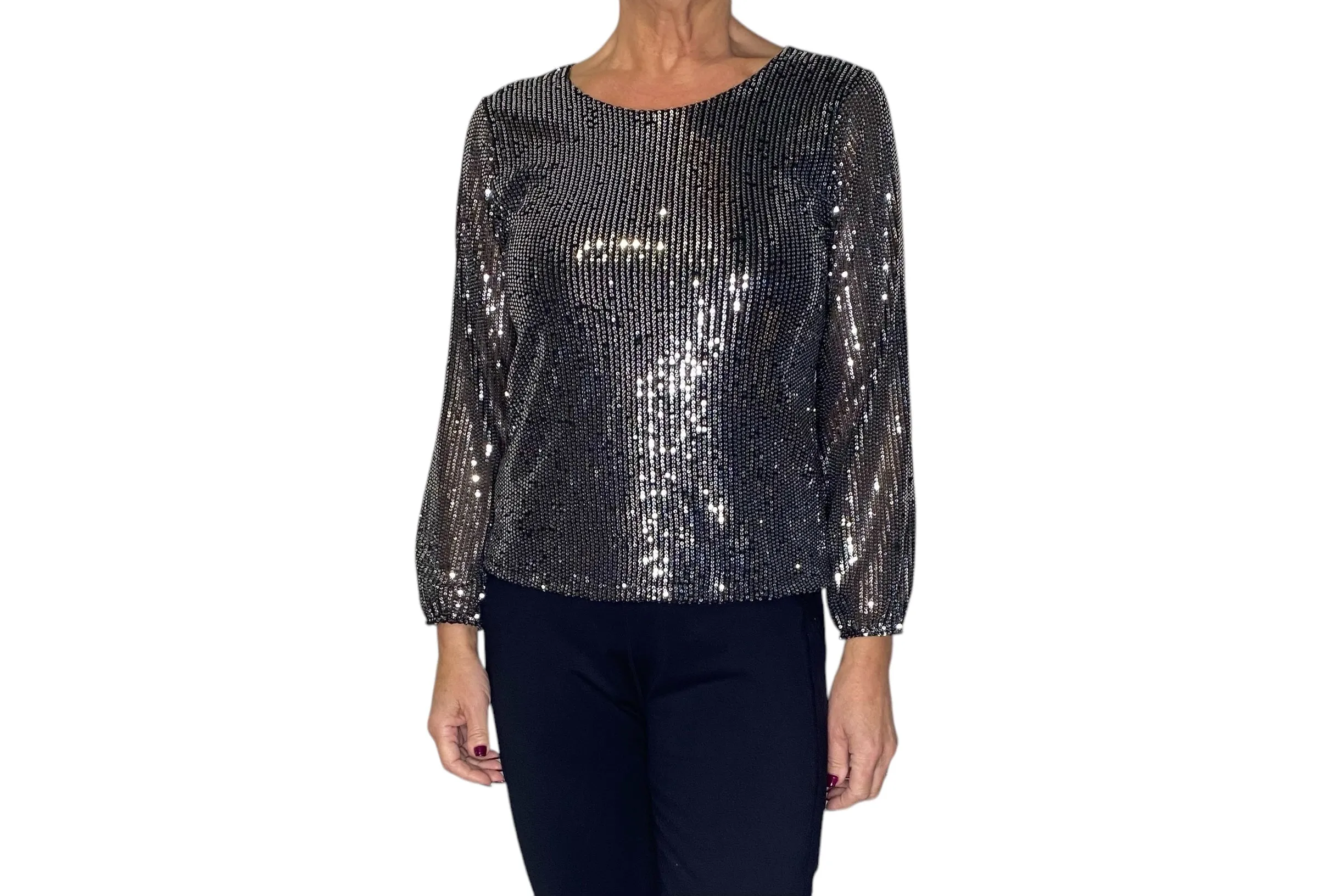 Plain Round Neck Sequin Sparkly Long Sleeve Top (3 Colours)